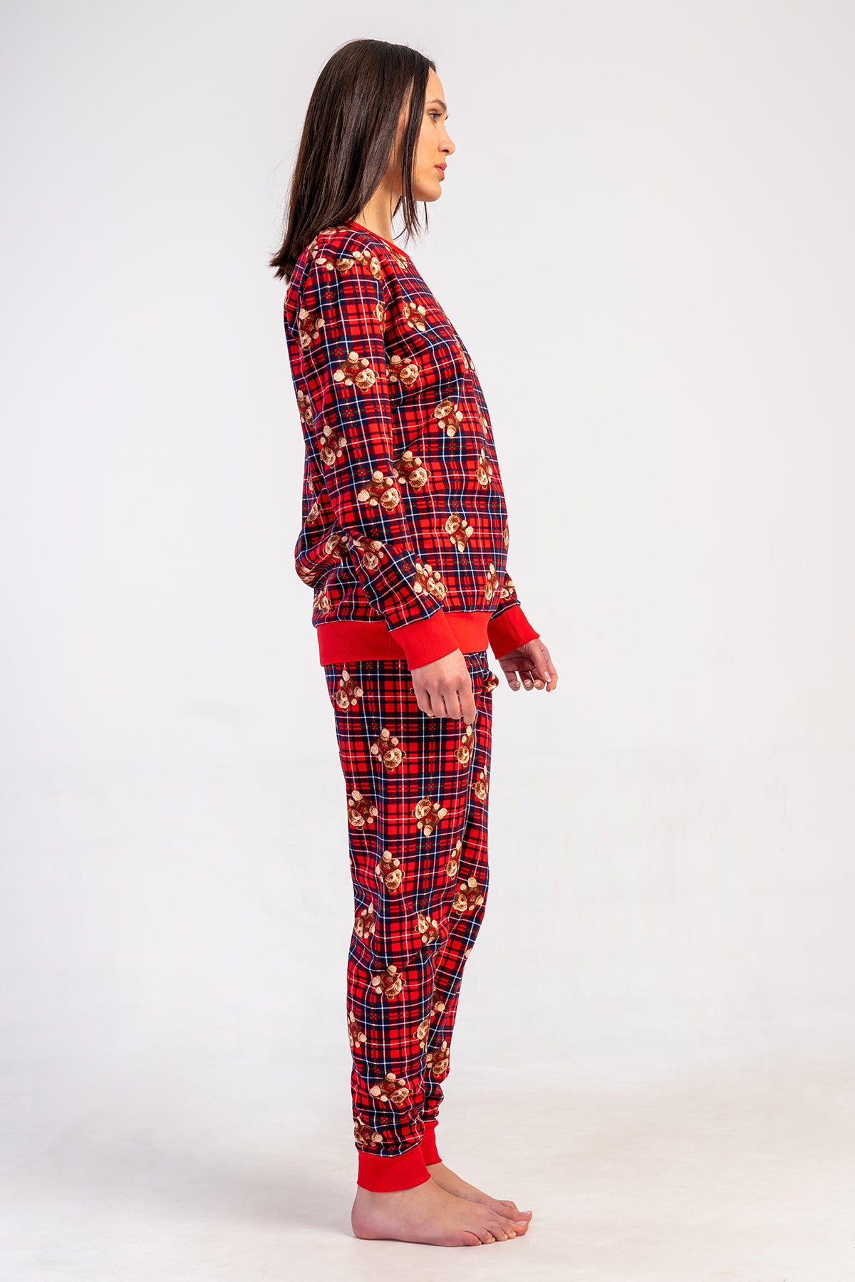 SET PIJAMA DE DAMĂ, DIN DOUĂ FIRE, GÂT ROTUND, MÂNECĂ LUNGĂ, CU MANȘETE - ROȘU NOU