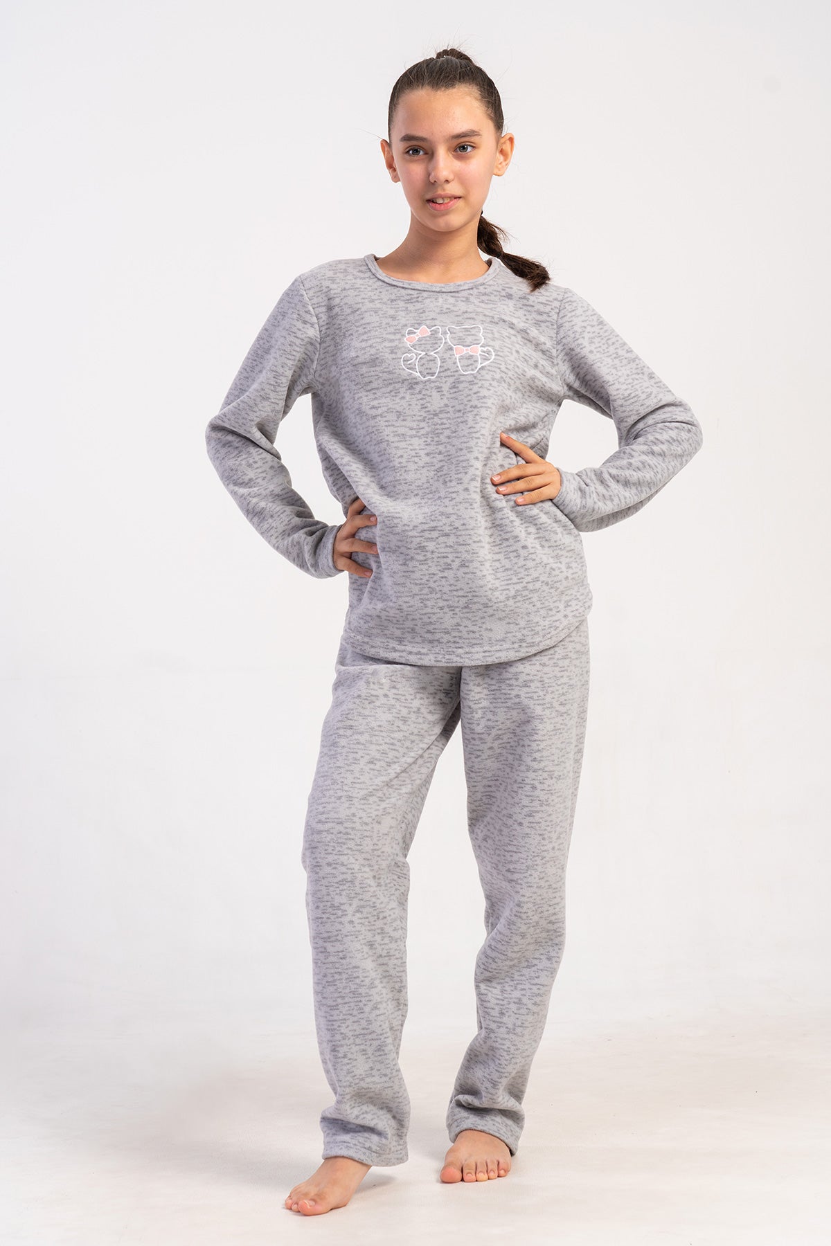 SET PIJAMALE FETITE POLAR GUL ROTUND MANECA LUNGA TIV ROTUND (7-8/13-14) - GRI