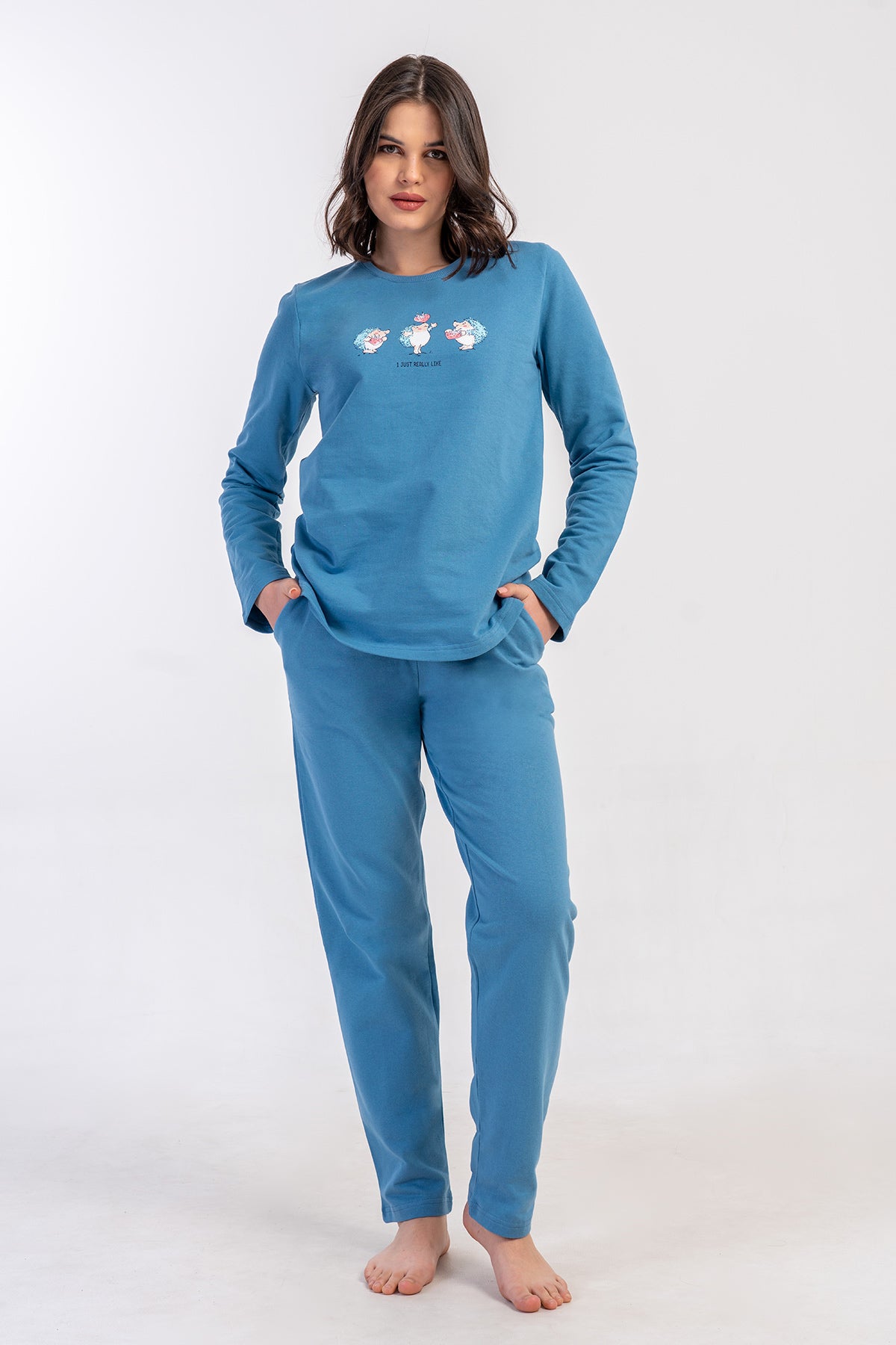 COSTUM DE PIJAMA DAMĂ 2 FIRE XXL, GÂT ROTUND, MÂNECĂ LUNGĂ, TIV OVAL, CU BUZUNARE - ALBASTRU DESCHIS