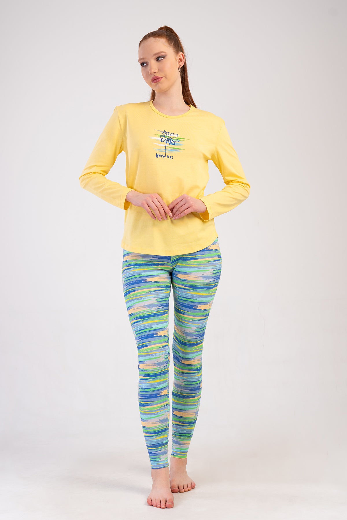 SET PIJAMA DE DAMĂ, COLANȚI, DEDECUP OVAL, MÂNECĂ LUNGĂ, GÂT ROTUND, LYC SUPREM - GALBEN