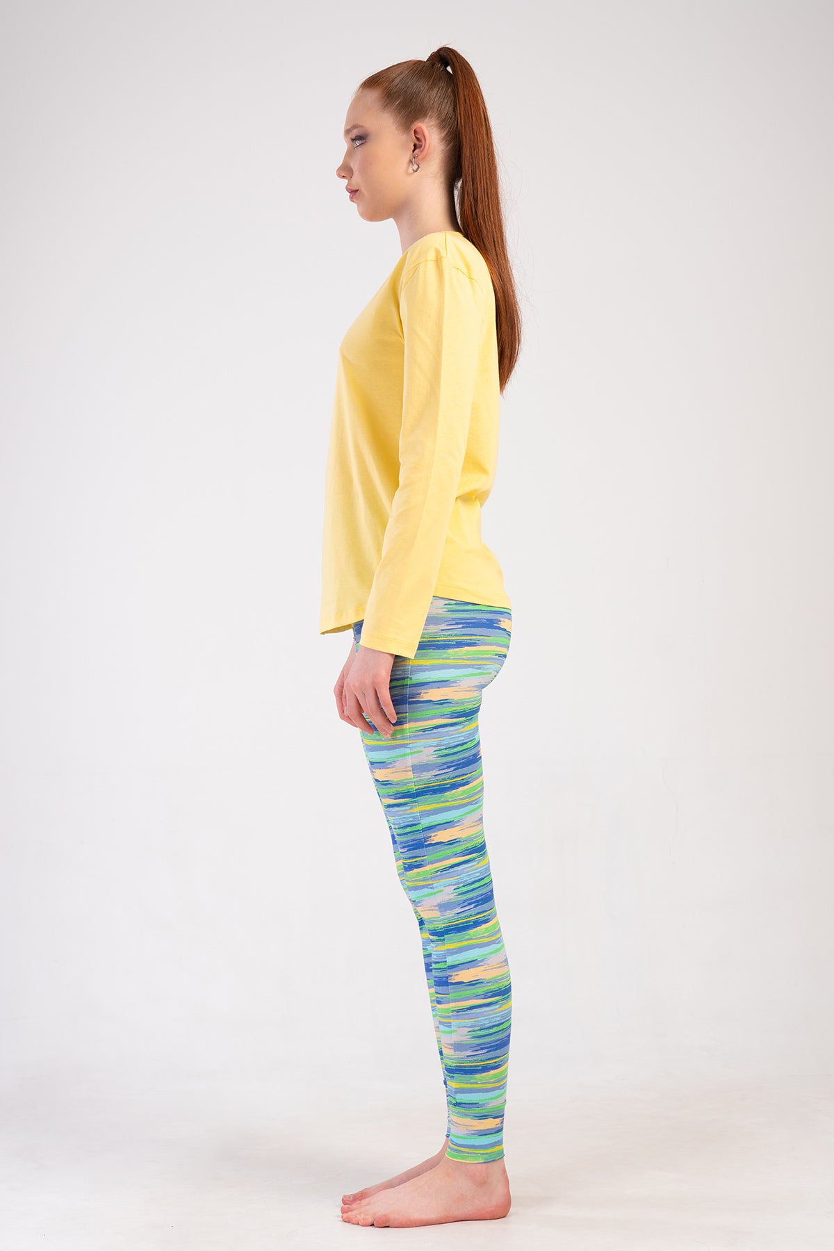 SET PIJAMA DE DAMĂ, COLANȚI, DEDECUP OVAL, MÂNECĂ LUNGĂ, GÂT ROTUND, LYC SUPREM - GALBEN