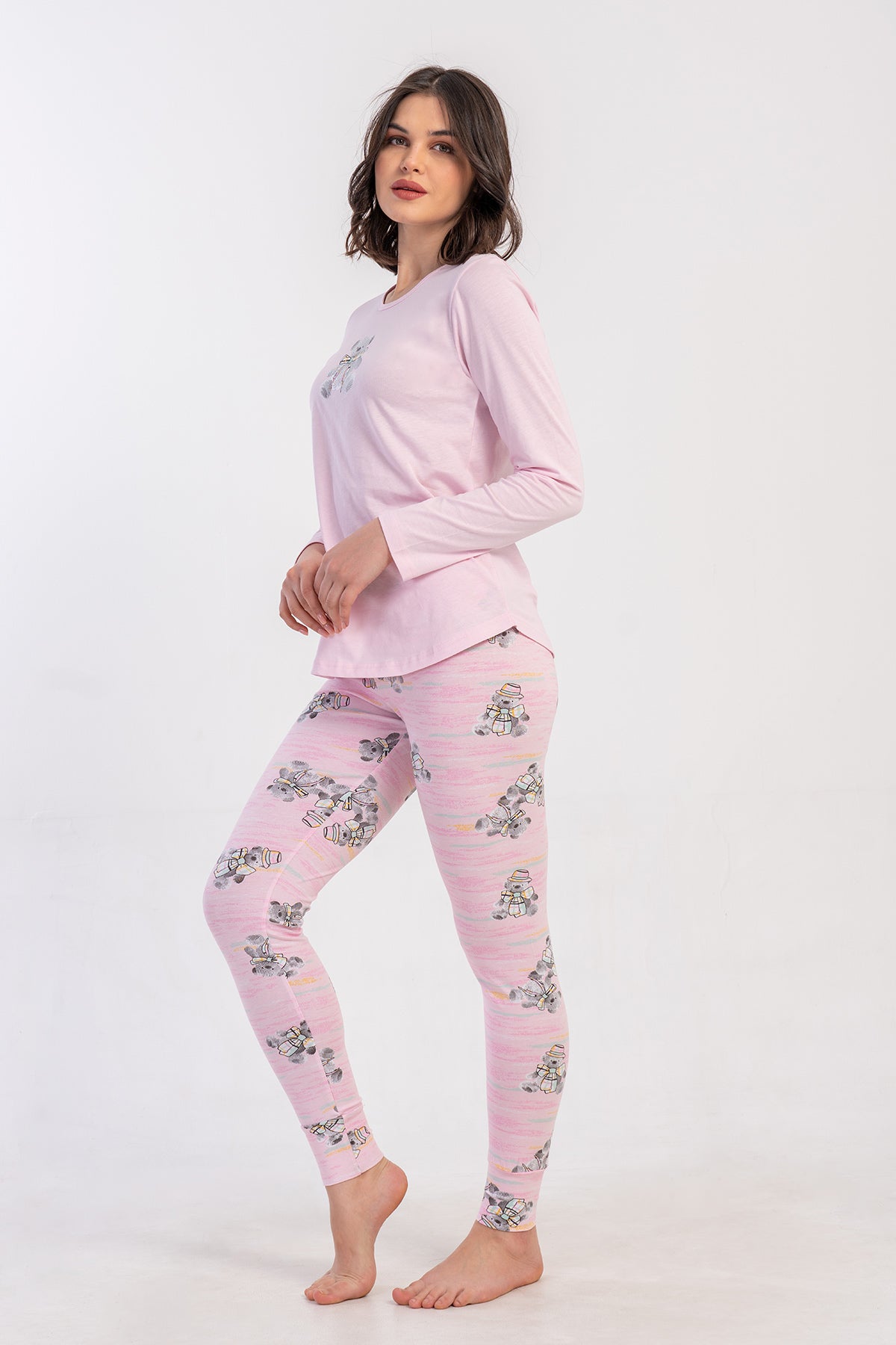Pijama damă, lycra, suprem, guler rotund, mâneci lungi, tiv oval, manșete, jambiere – Roz