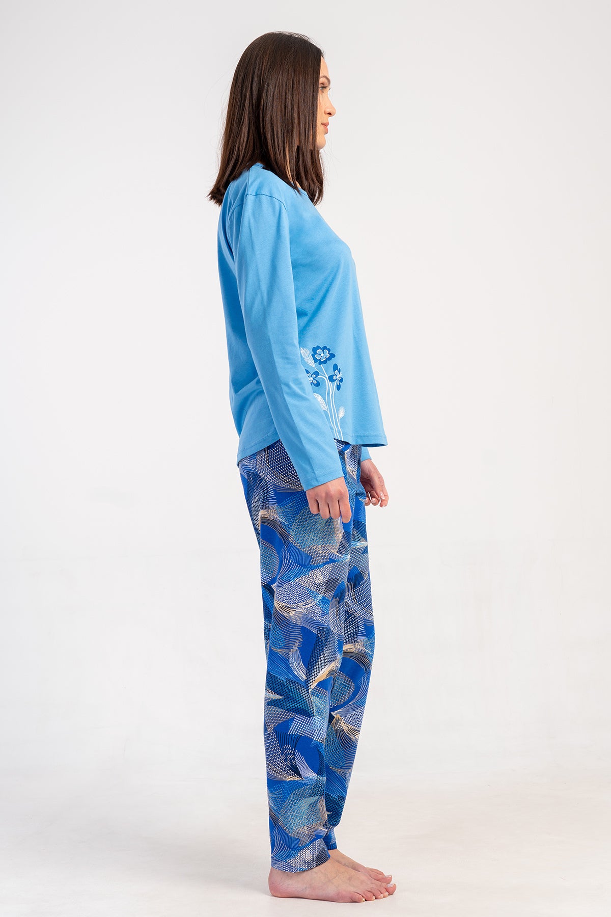 KADIN P.SUPREM O YAKA UZUN KOL ETEGI OVAL PIJAMA TAKIM - MAVI