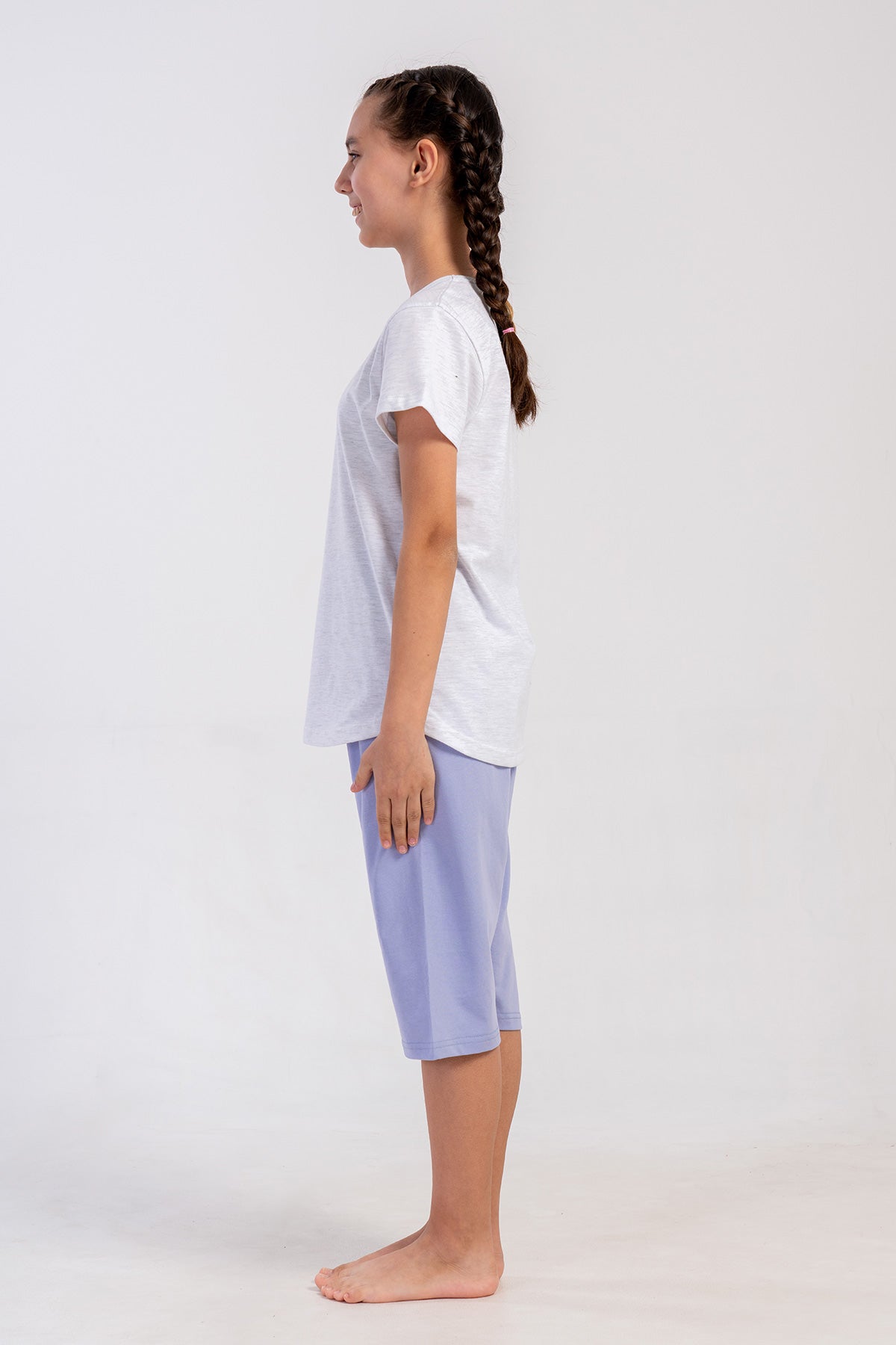 SET FETIȚE P.SUPREM Guler rotund, mânecă scurtă, fustă ovală, pantaloni trei sferturi (1-2/7-8) - LILAC