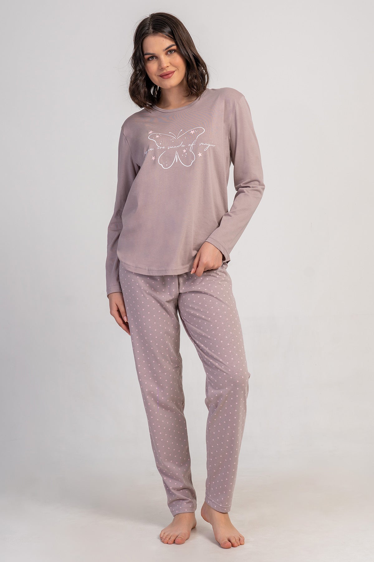 SET PIJAMALE DAMA P.SUPREM XXL, GULER LA BAZA GATULUI, MANECA LUNGA, TIV OVAL - CAFELIU DESCHIS