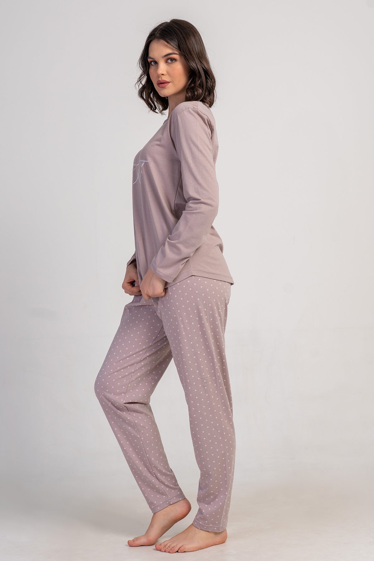 SET PIJAMALE DAMA P.SUPREM XXL, GULER LA BAZA GATULUI, MANECA LUNGA, TIV OVAL - CAFELIU DESCHIS