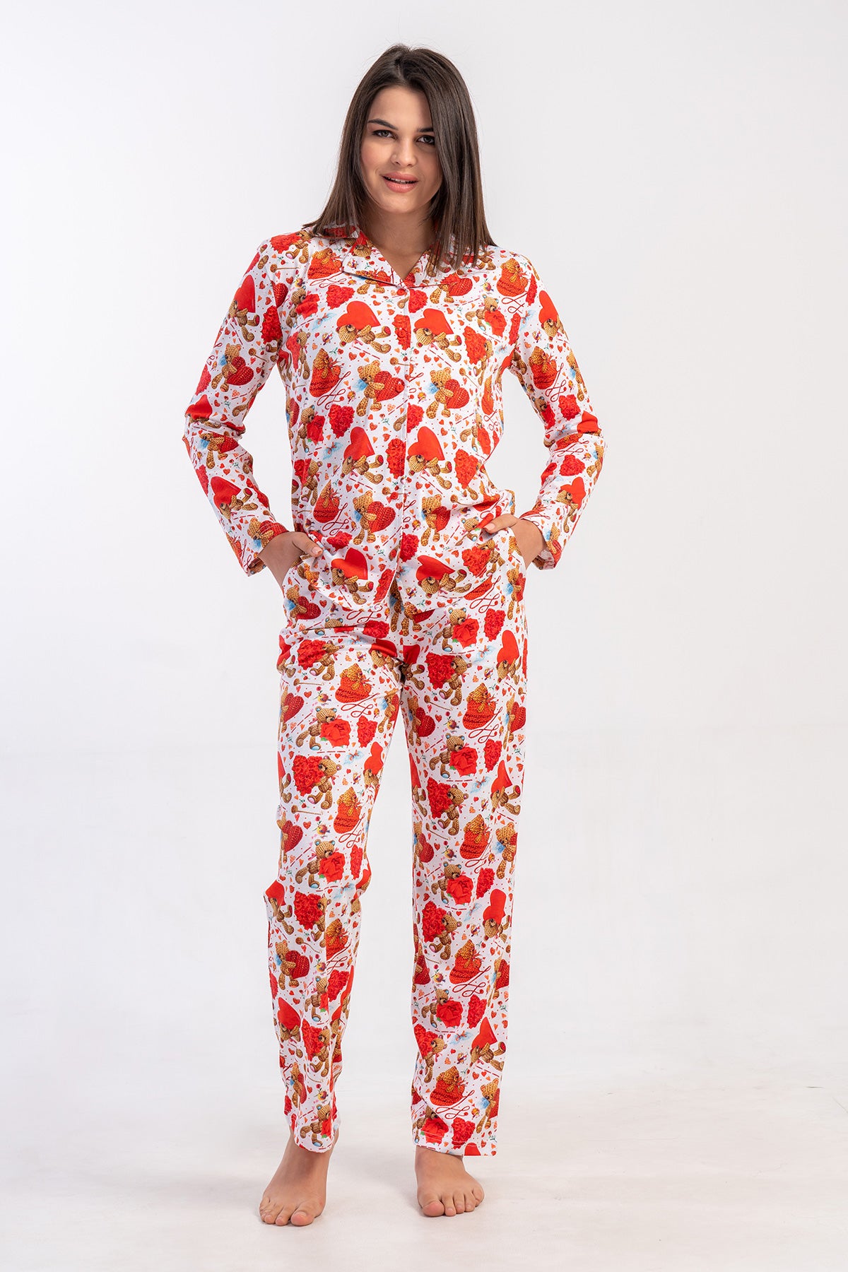 COMPLEU Pijama Dama P.Suprem, Guler Cămașă, Închidere Integrală cu nasturi, Mânecă Lungă, Buzunare - ROȘU NOU