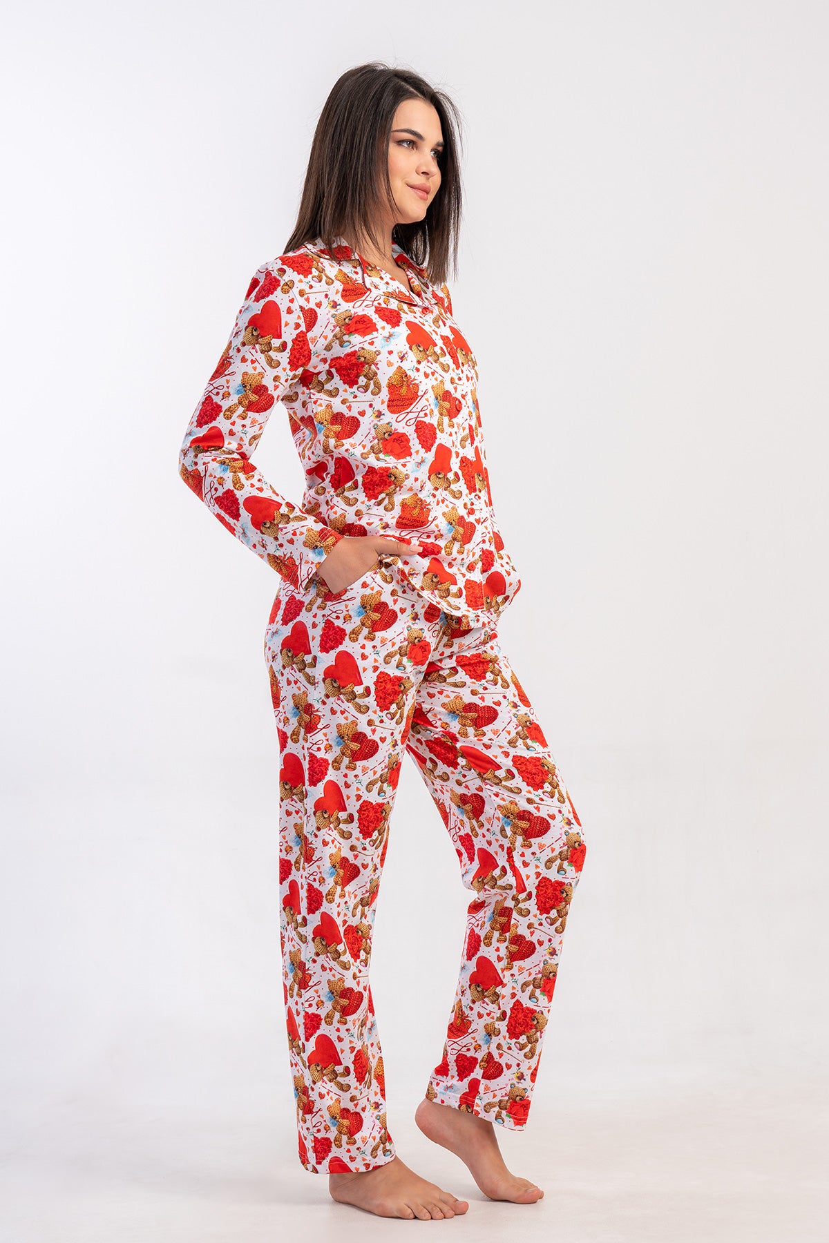 COMPLEU Pijama Dama P.Suprem, Guler Cămașă, Închidere Integrală cu nasturi, Mânecă Lungă, Buzunare - ROȘU NOU