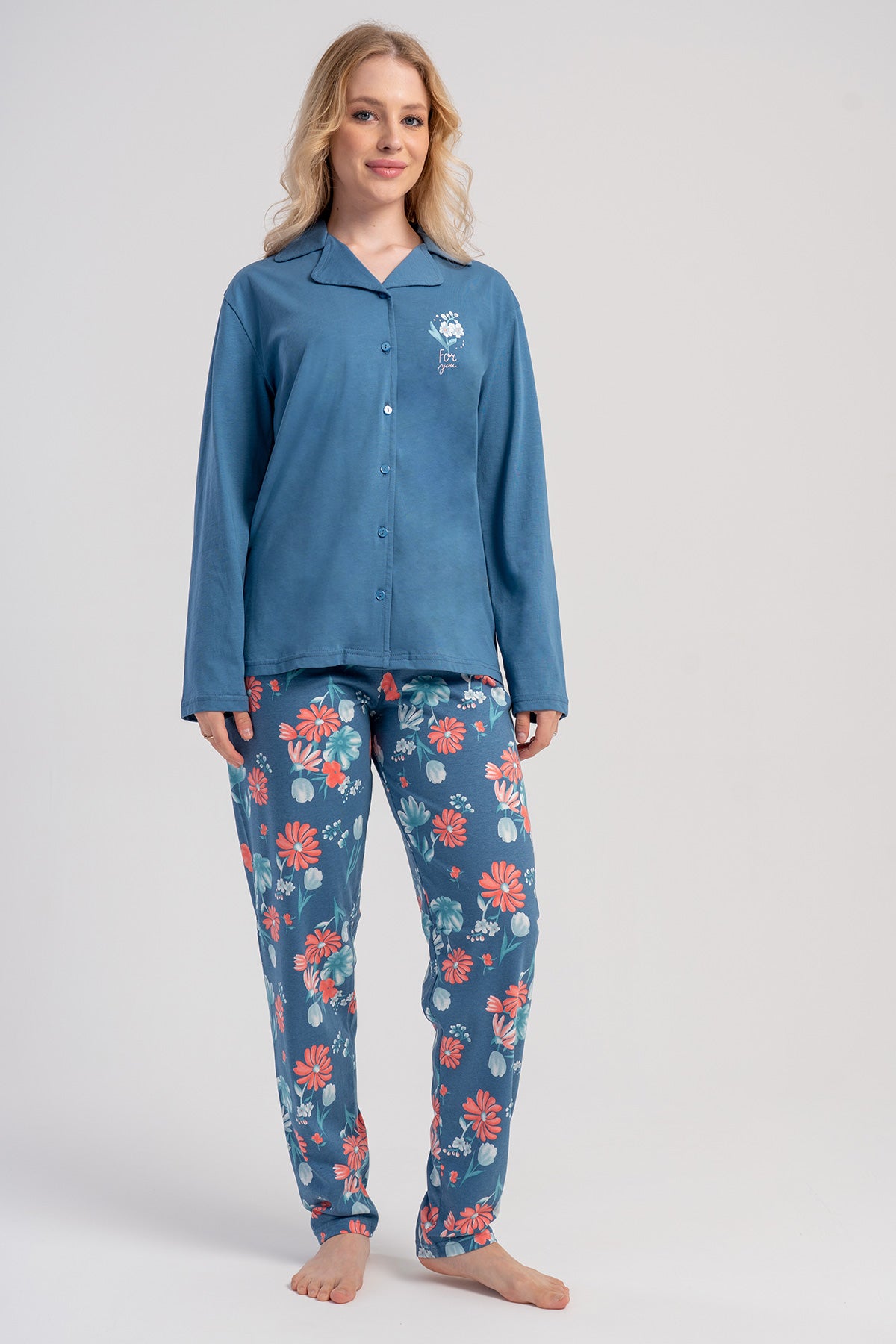 SET PIJAMA DAMĂ P.SUPREM XXL, GULER CĂMAȘĂ, ÎNCHIDERE COMPLETĂ CU NASTURI, MÂNECĂ LUNGĂ, CU BUZUNARE - ALBASTRU