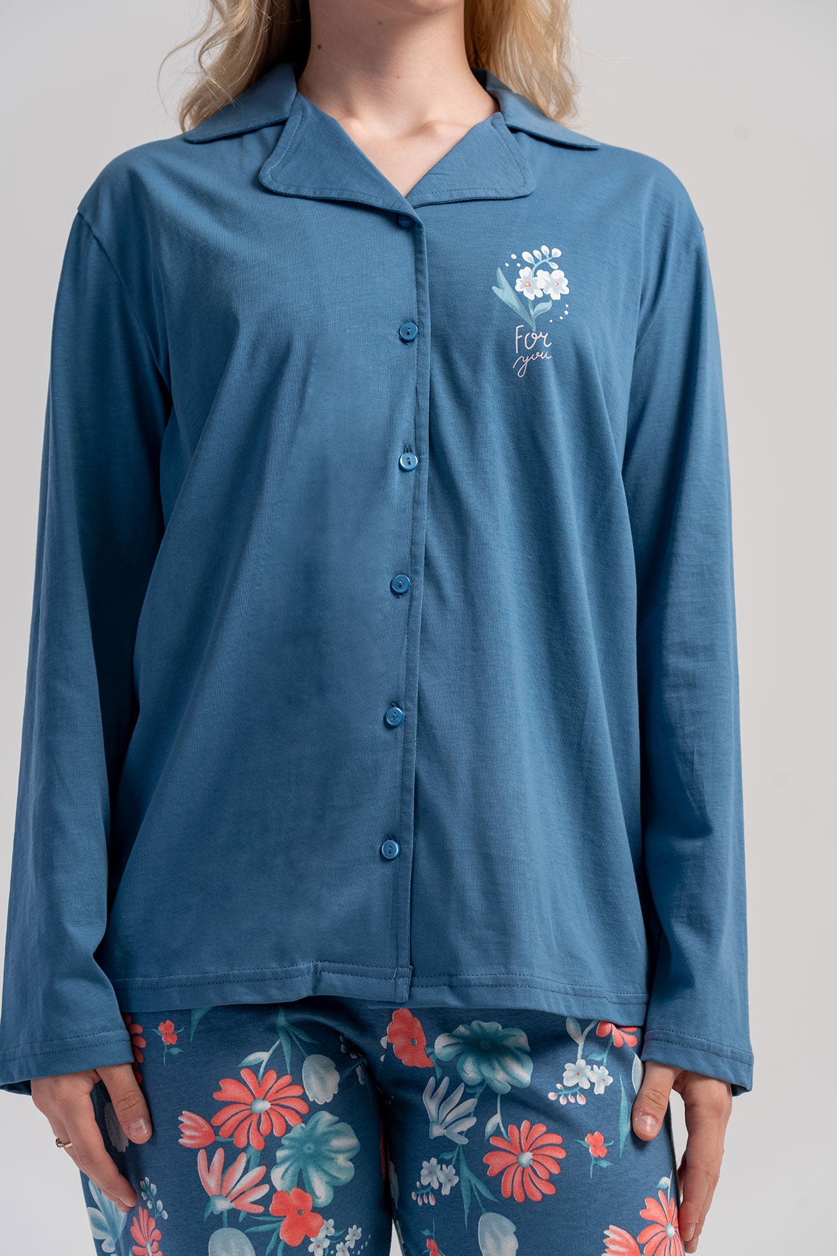 SET PIJAMA DAMĂ P.SUPREM XXL, GULER CĂMAȘĂ, ÎNCHIDERE COMPLETĂ CU NASTURI, MÂNECĂ LUNGĂ, CU BUZUNARE - ALBASTRU