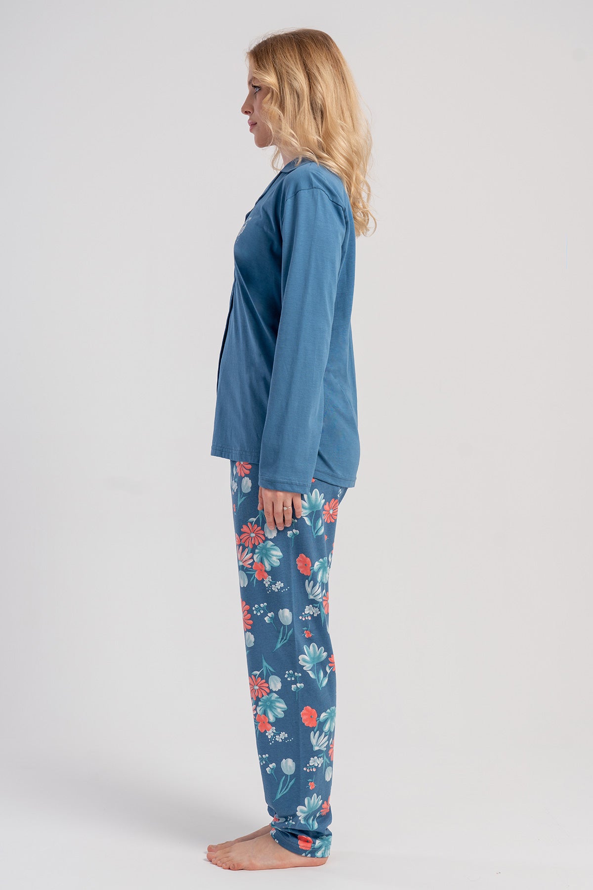 SET PIJAMA DAMĂ P.SUPREM XXL, GULER CĂMAȘĂ, ÎNCHIDERE COMPLETĂ CU NASTURI, MÂNECĂ LUNGĂ, CU BUZUNARE - ALBASTRU