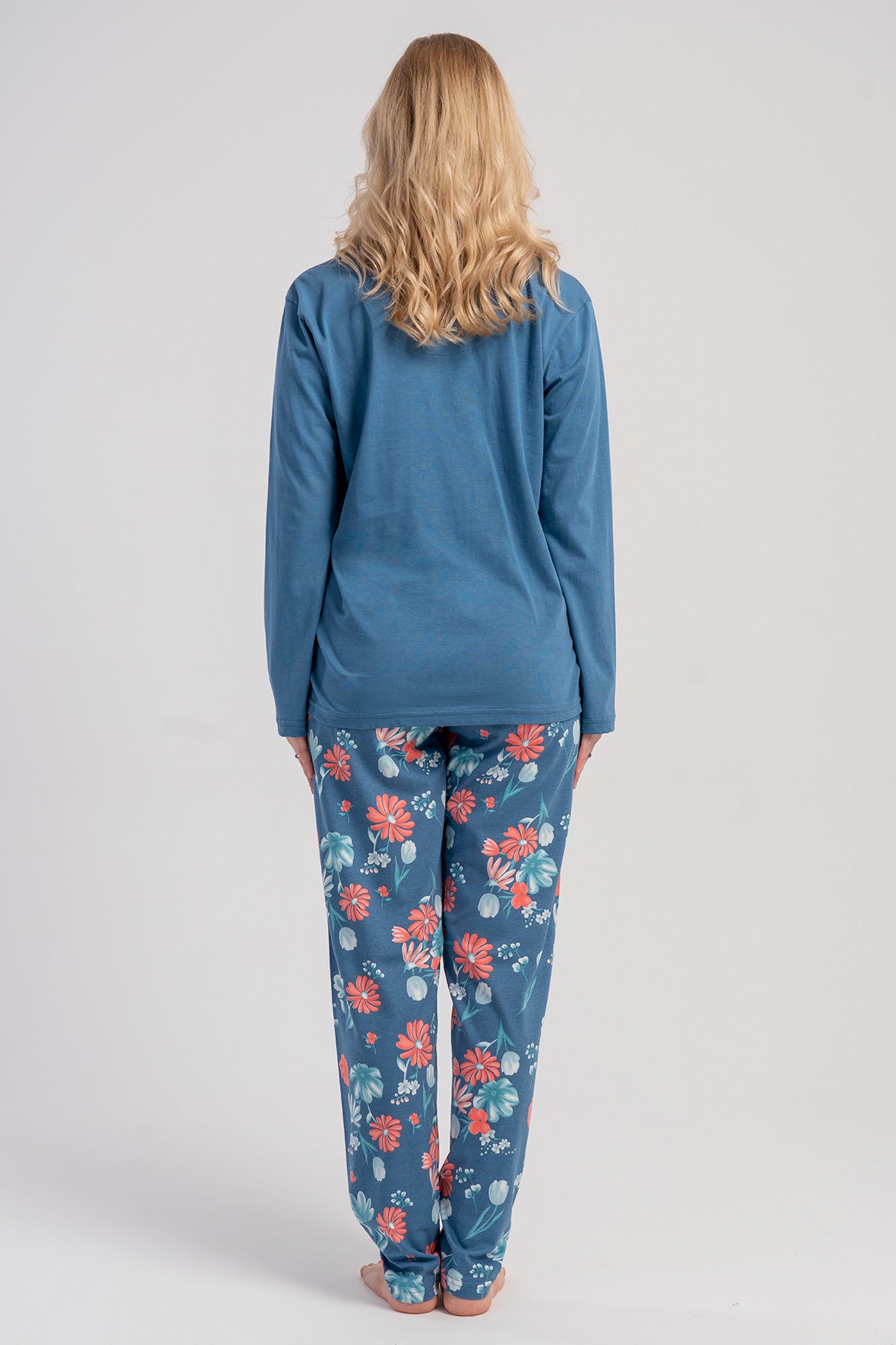 SET PIJAMA DAMĂ P.SUPREM XXL, GULER CĂMAȘĂ, ÎNCHIDERE COMPLETĂ CU NASTURI, MÂNECĂ LUNGĂ, CU BUZUNARE - ALBASTRU