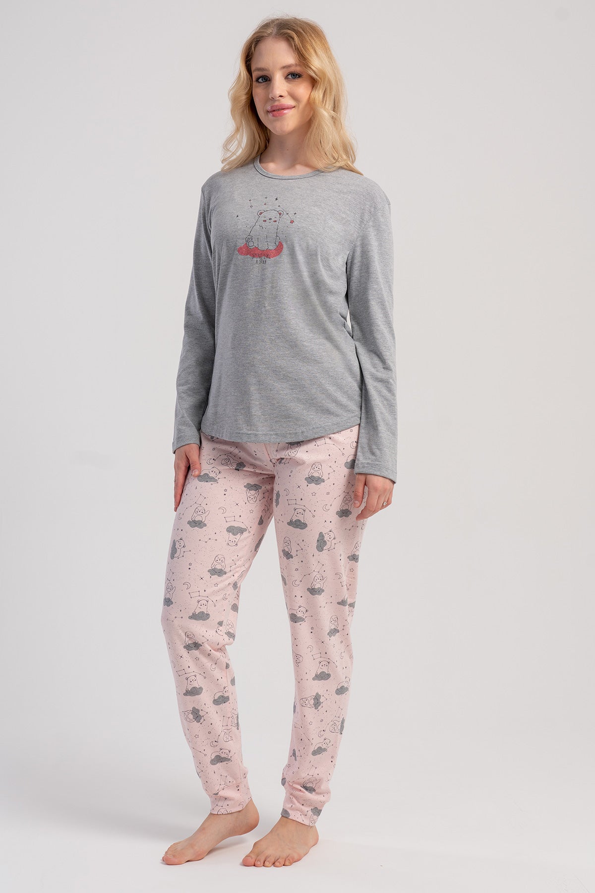 SET DE PIJAMA P.SUPREM CU GÂT ÎN O, MÂNECĂ LUNGĂ, CU MANȘETE OVALE, PENTRU DAMĂ - GRI MELANGE