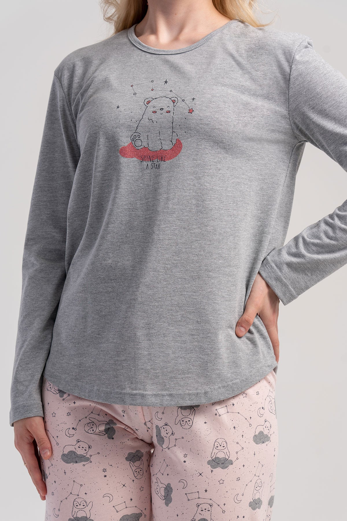 SET DE PIJAMA P.SUPREM CU GÂT ÎN O, MÂNECĂ LUNGĂ, CU MANȘETE OVALE, PENTRU DAMĂ - GRI MELANGE