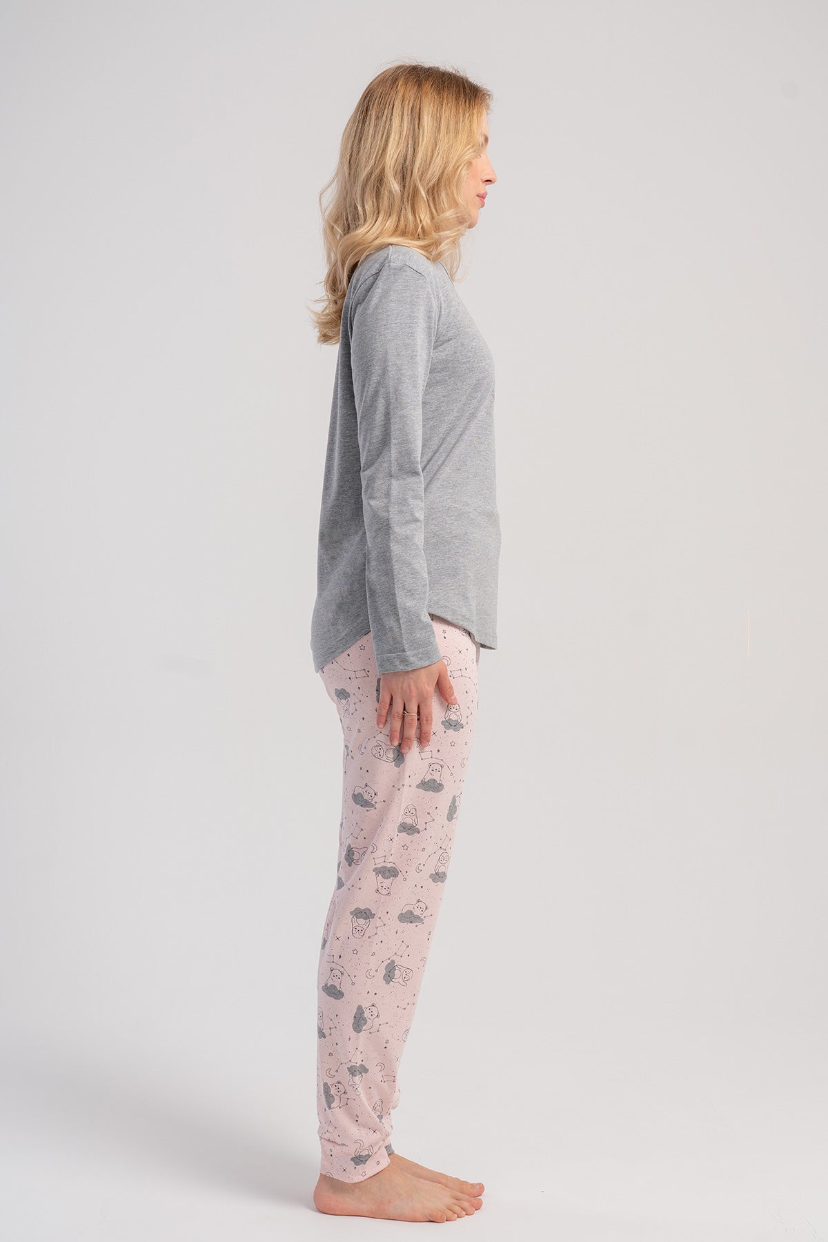 SET DE PIJAMA P.SUPREM CU GÂT ÎN O, MÂNECĂ LUNGĂ, CU MANȘETE OVALE, PENTRU DAMĂ - GRI MELANGE