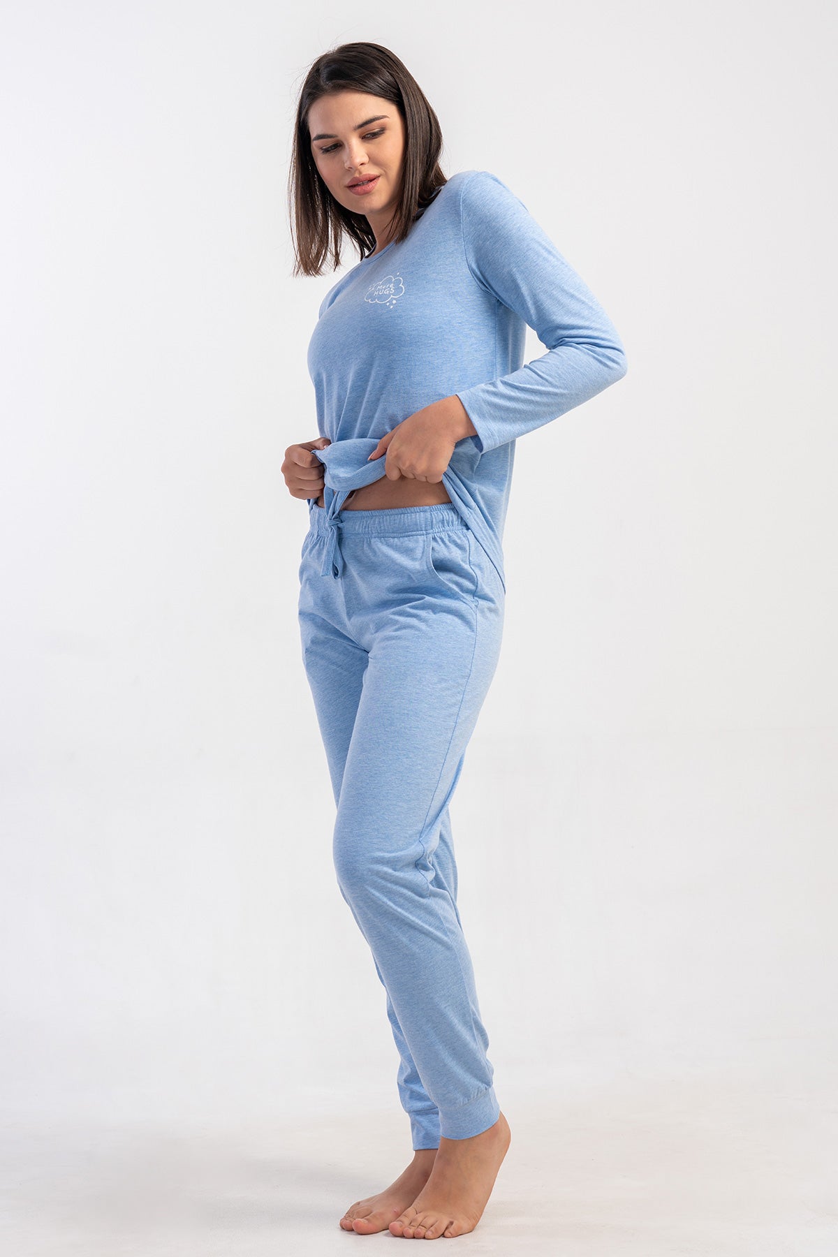 Kadın Penye Süprem O Yaka Uzun Kol Eteği Oval Manşetli Cepli Pijama Takım - Mavi