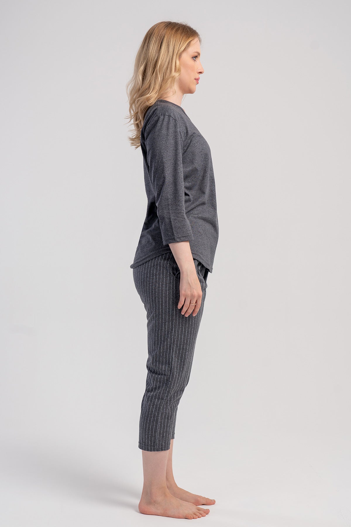 Kadın Penye Süprem O Yaka 3/4kol Cepli 7/8 Boy Pijama Takım - Gri