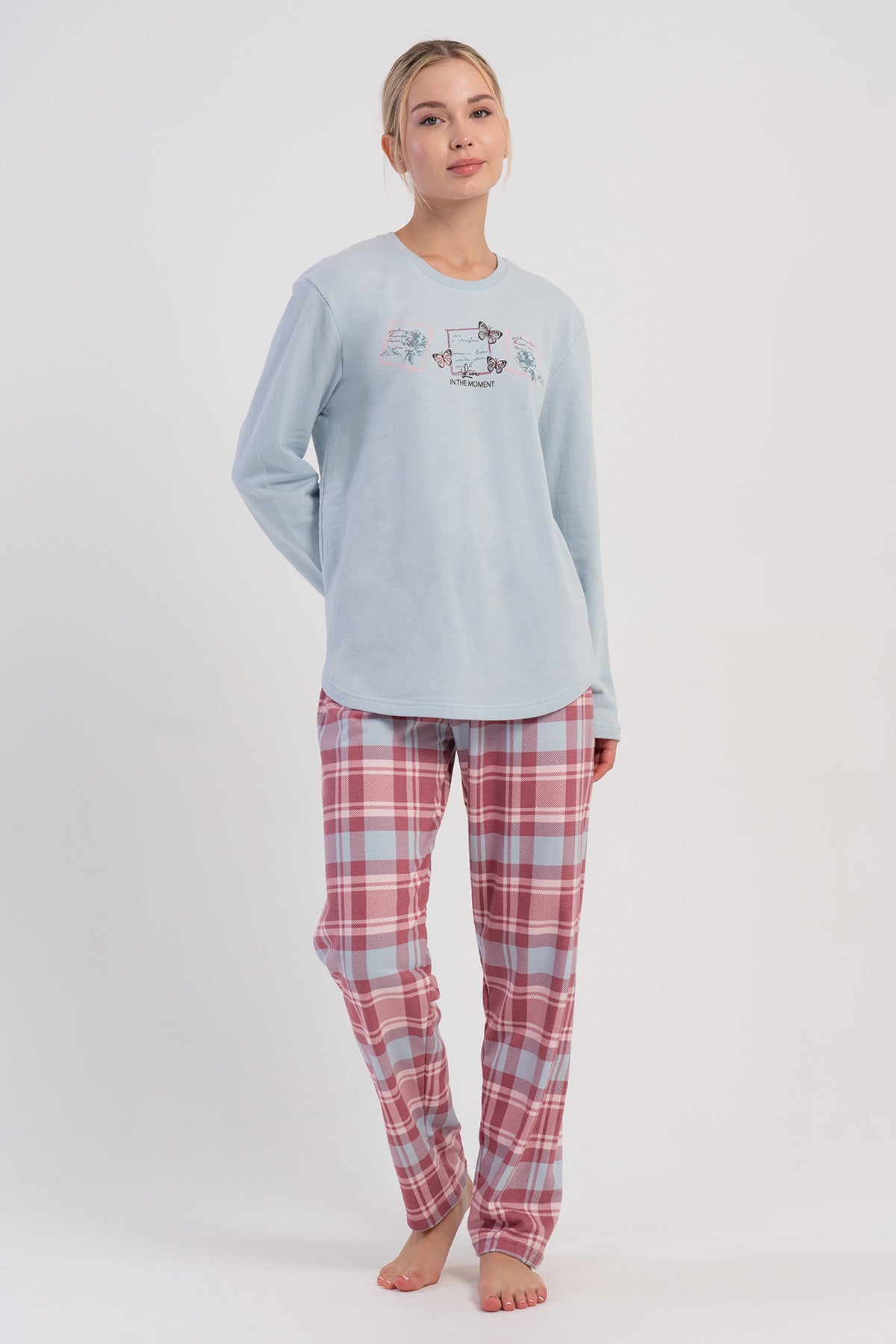 Set de pijama din două piese, damă, guler la baza gâtului, mânecă lungă, tiv oval - ALBASTRU