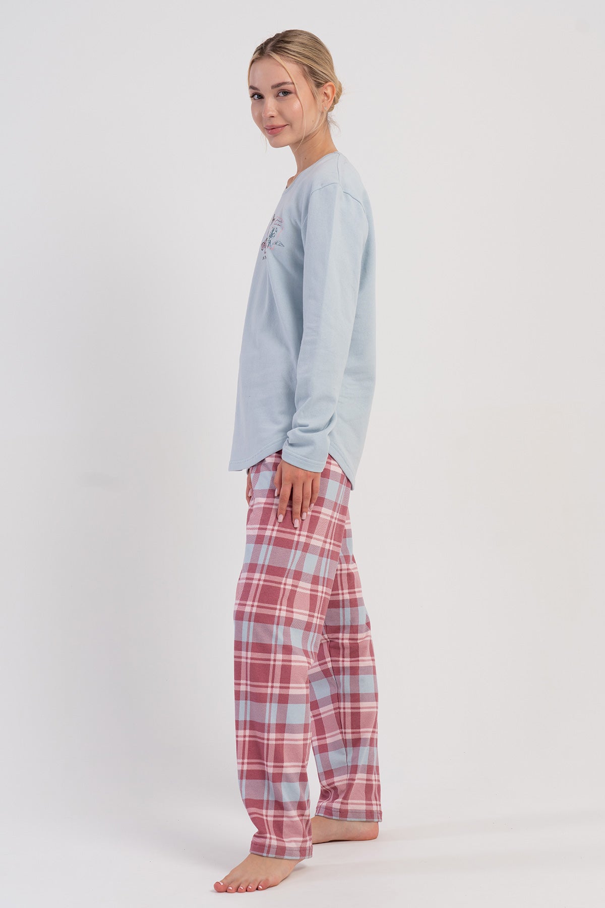 Set de pijama din două piese, damă, guler la baza gâtului, mânecă lungă, tiv oval - ALBASTRU