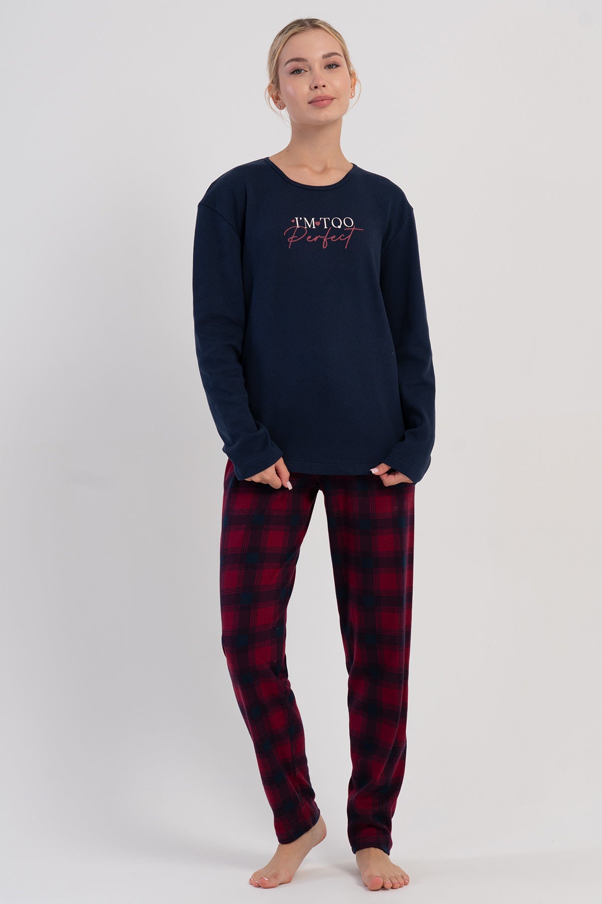 SET PIJAMA DE DAMĂ, CU MÂNECĂ LUNGĂ, GULER O, TIV OVAL ȘI CUSĂTURI DE TIP INTERLOCK - BLEUMARIN ÎNCHIS