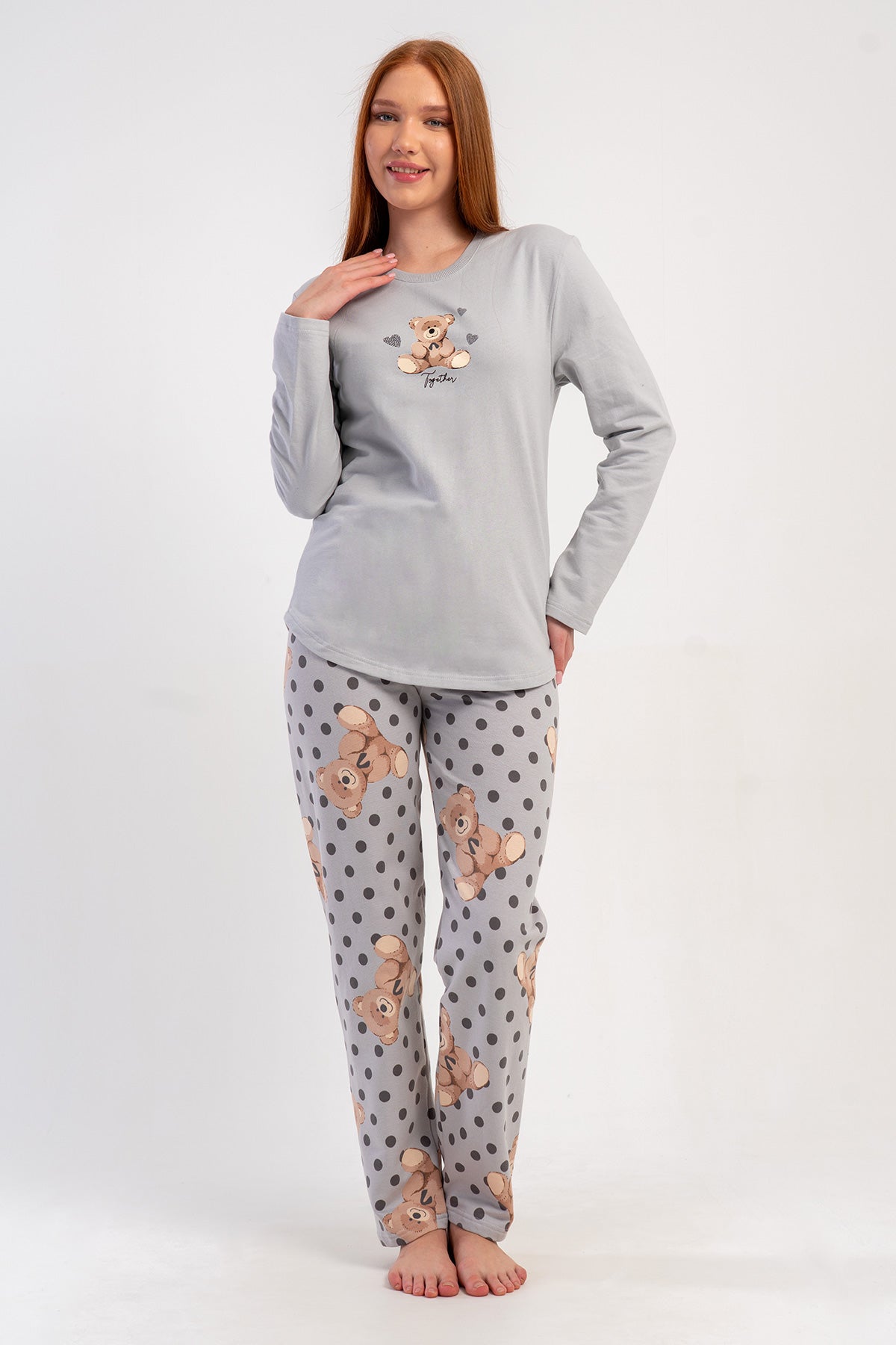 PIJAMA DAMĂ, DINDOU CU DOUĂ FIRE, GÂT ROTUND, MÂNECĂ LUNGĂ, TIV OVAL - GRI