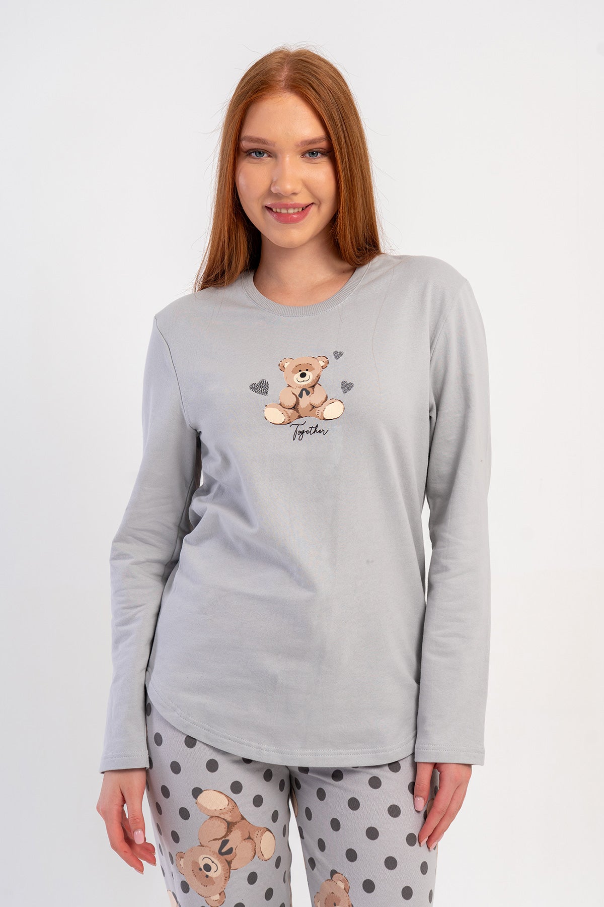 PIJAMA DAMĂ, DINDOU CU DOUĂ FIRE, GÂT ROTUND, MÂNECĂ LUNGĂ, TIV OVAL - GRI