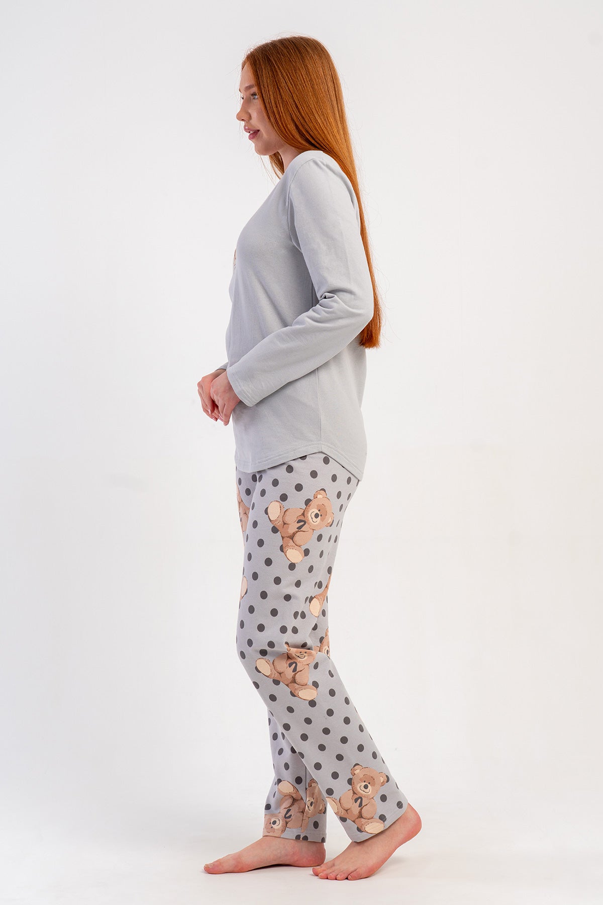 PIJAMA DAMĂ, DINDOU CU DOUĂ FIRE, GÂT ROTUND, MÂNECĂ LUNGĂ, TIV OVAL - GRI