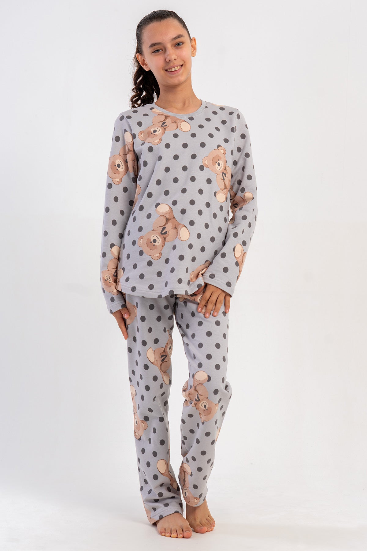 SET PIJAMA FETE CU MÂNECĂ LUNGĂ, GULER ROTUND, DIN DOUĂ FIRE, CU BORDURĂ OVALĂ (7-8/13-14) - GRI