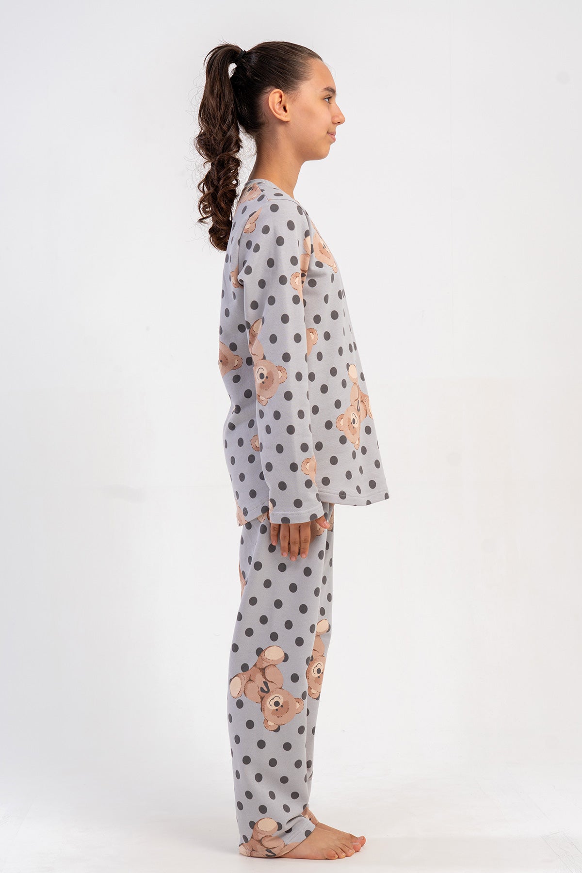 SET PIJAMA FETE CU MÂNECĂ LUNGĂ, GULER ROTUND, DIN DOUĂ FIRE, CU BORDURĂ OVALĂ (7-8/13-14) - GRI