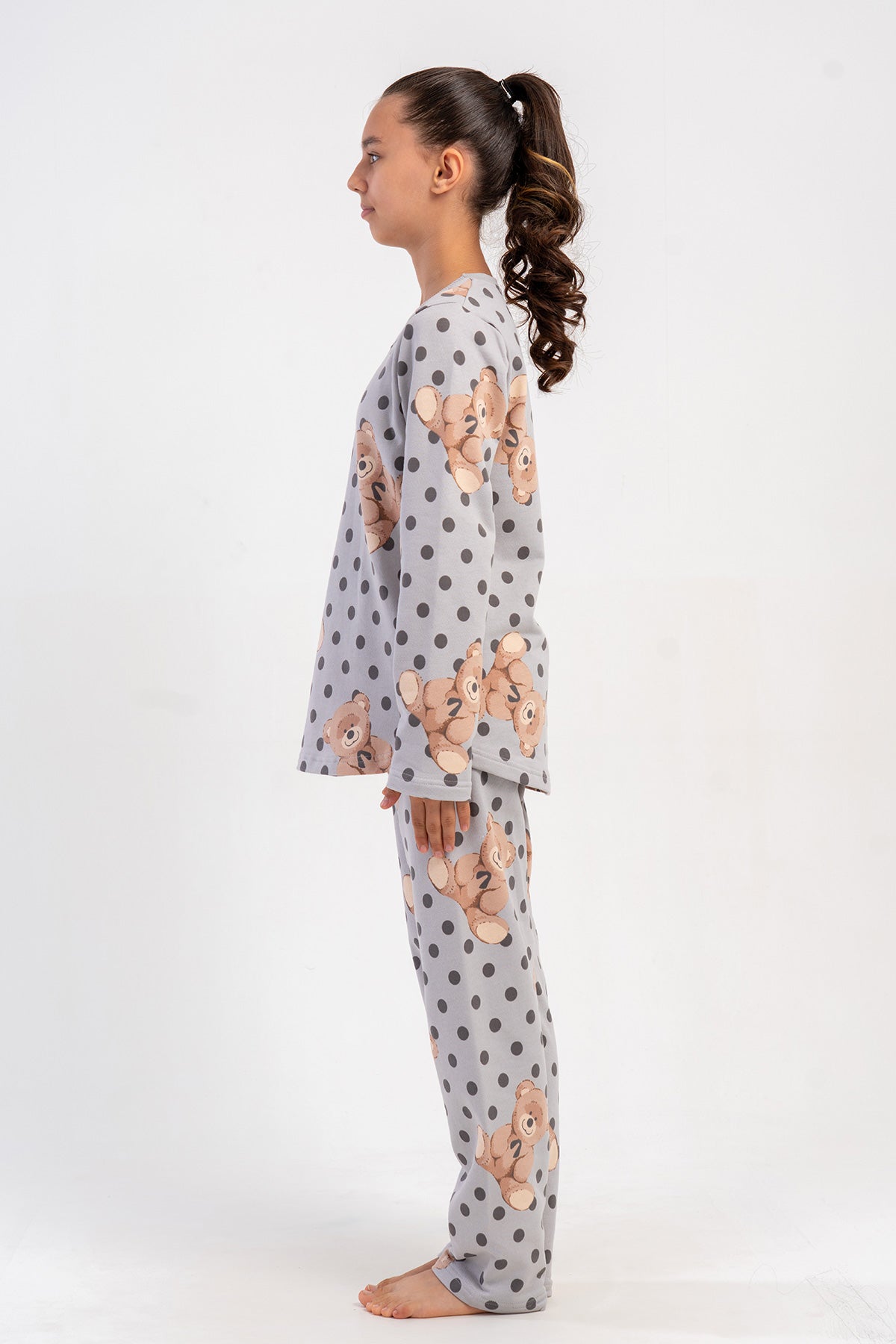SET PIJAMA FETE CU MÂNECĂ LUNGĂ, GULER ROTUND, DIN DOUĂ FIRE, CU BORDURĂ OVALĂ (7-8/13-14) - GRI