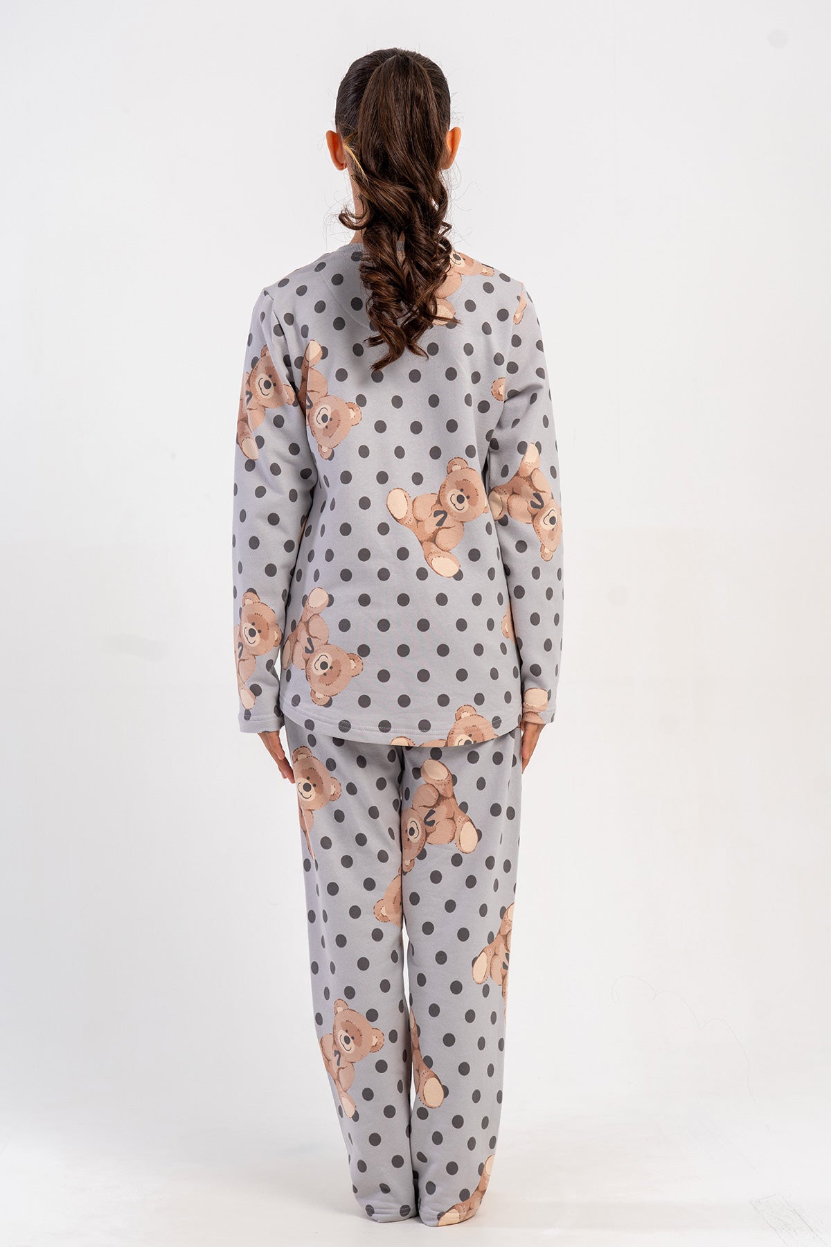SET PIJAMA FETE CU MÂNECĂ LUNGĂ, GULER ROTUND, DIN DOUĂ FIRE, CU BORDURĂ OVALĂ (7-8/13-14) - GRI