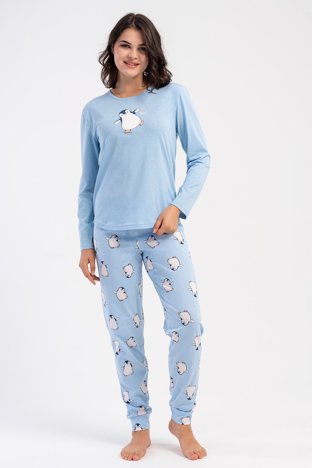 SET PIJAMA FEMEI GULER ROTUND MÂNECĂ LUNGĂ TIV OVAL MANȘETĂ SUPREM - ALBASTRU