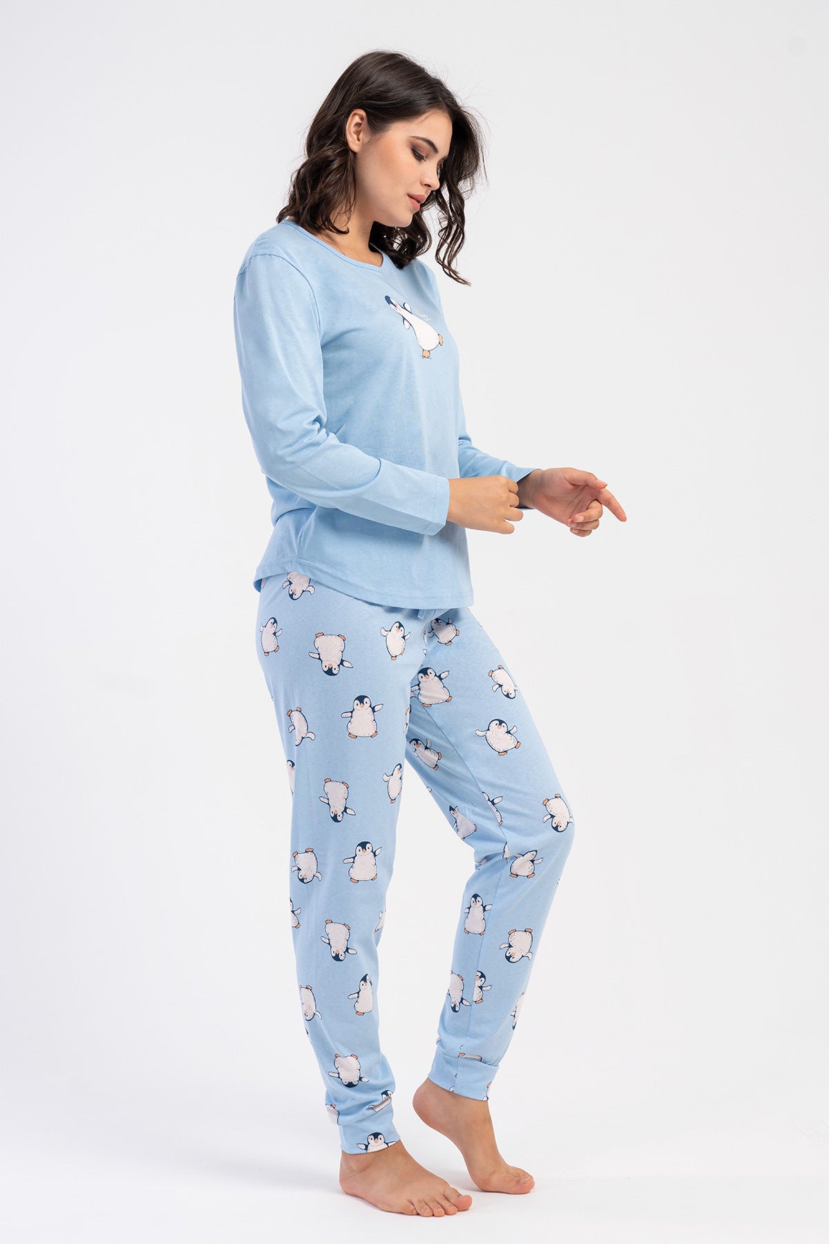 SET PIJAMA FEMEI GULER ROTUND MÂNECĂ LUNGĂ TIV OVAL MANȘETĂ SUPREM - ALBASTRU