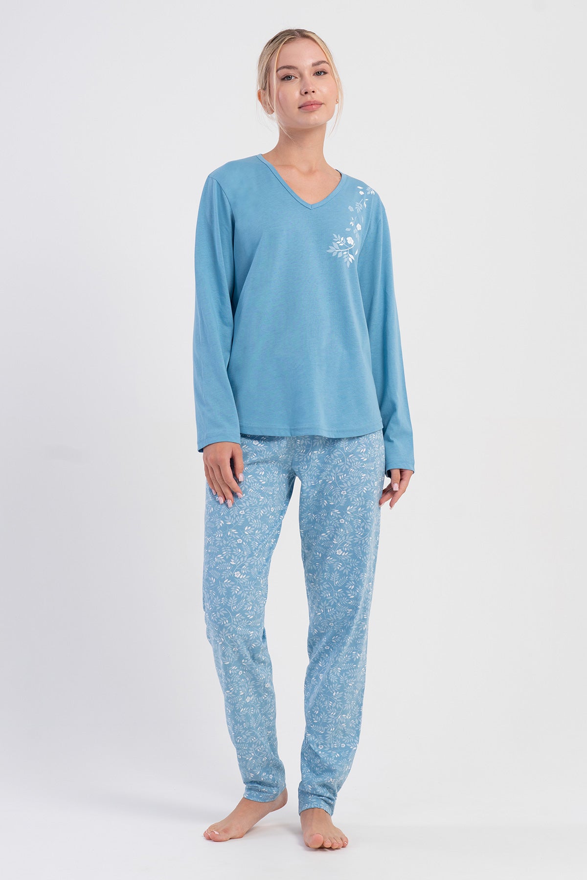 Kadın Penye Süprem Xxl V Yaka Uzun Kol Eteği Oval Pijama Takım - Mavi