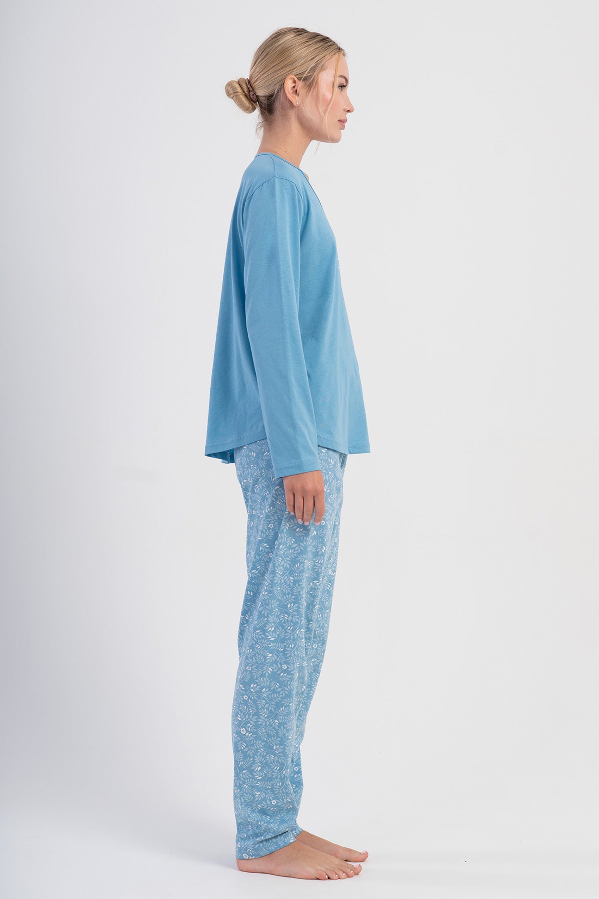 Kadın Penye Süprem Xxl V Yaka Uzun Kol Eteği Oval Pijama Takım - Mavi