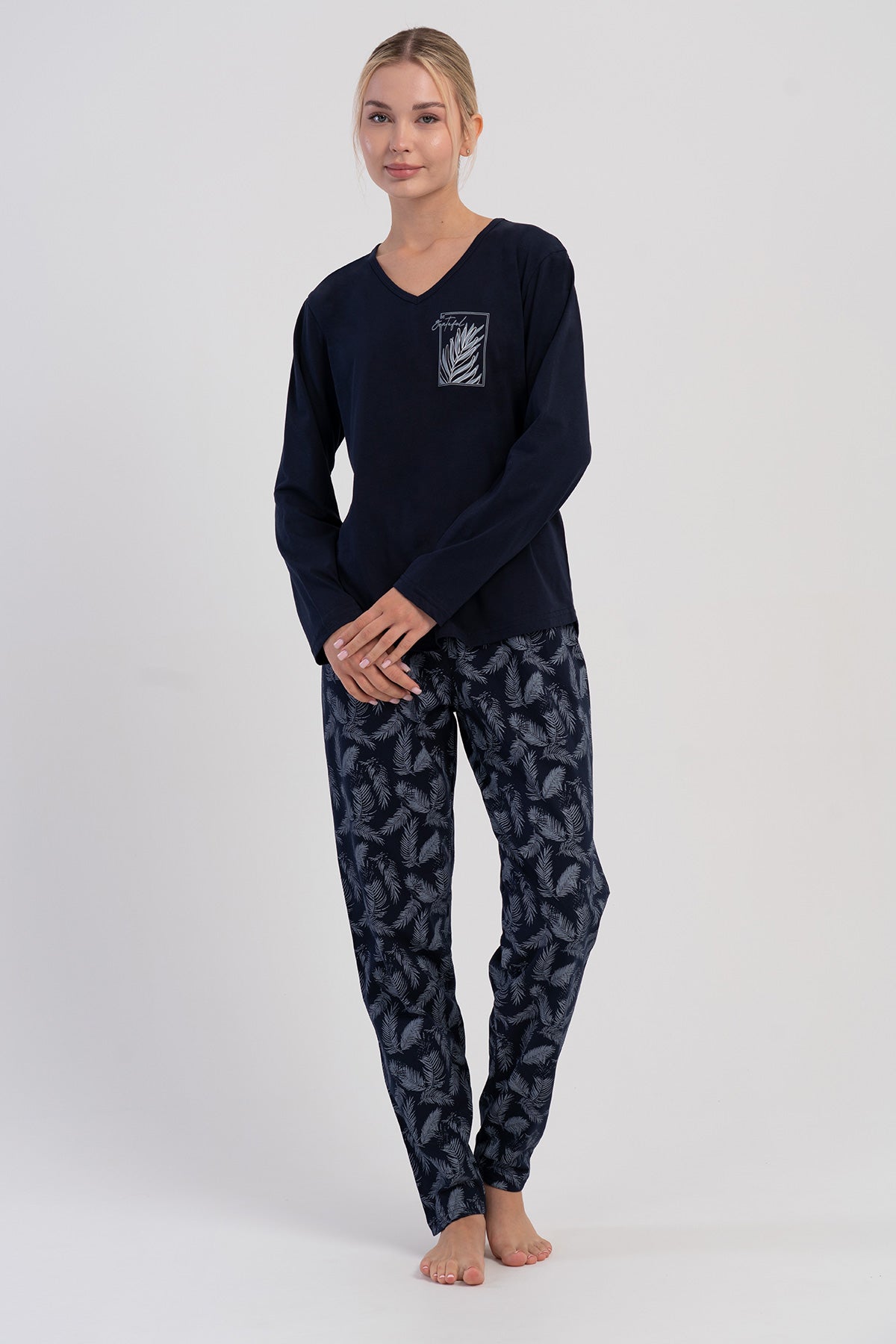 Pijama damă P.SUPREM BATTAL XXL de mărime mare, cu gât în V, mânecă lungă, tiv oval - BLEUMARIN ÎNCHIS