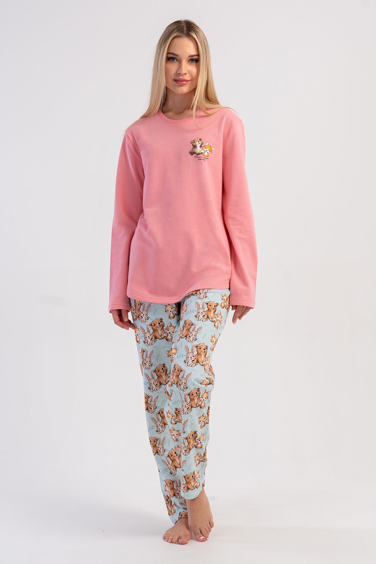 Pijama set pentru femei cu decolteu rotund, mânecă lungă, pantaloni cu tiv oval, cu două fire - roz