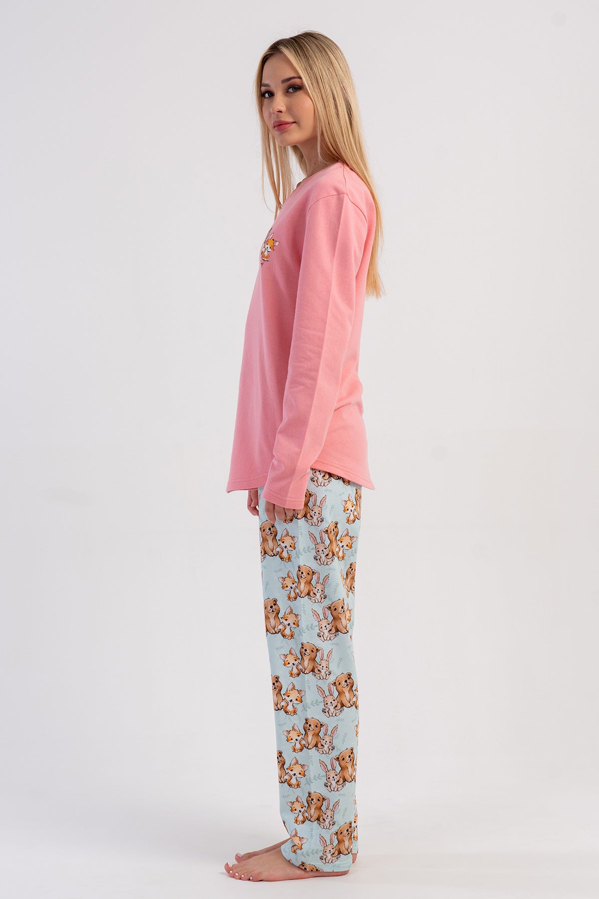 Pijama set pentru femei cu decolteu rotund, mânecă lungă, pantaloni cu tiv oval, cu două fire - roz