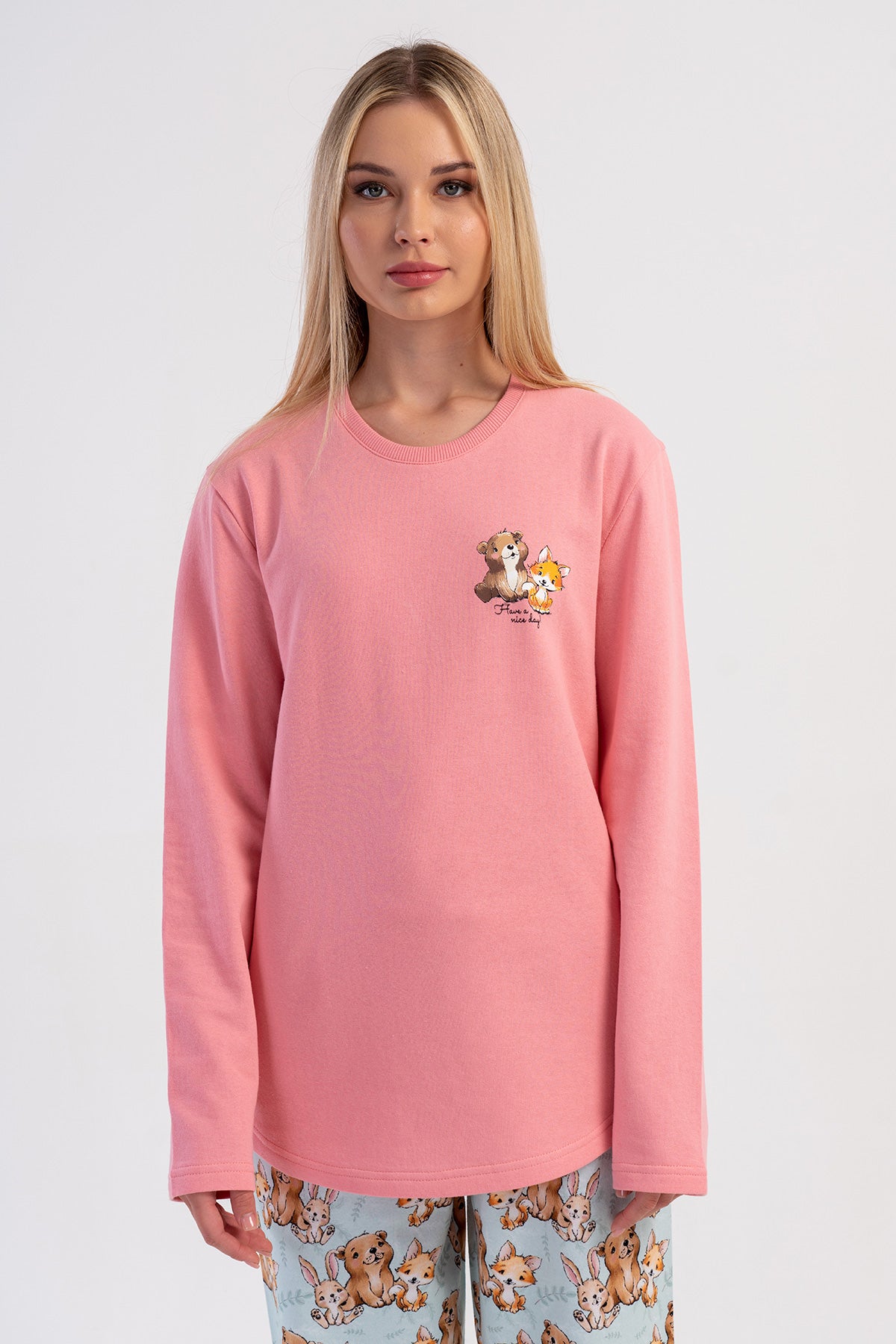 Pijama set pentru femei cu decolteu rotund, mânecă lungă, pantaloni cu tiv oval, cu două fire - roz