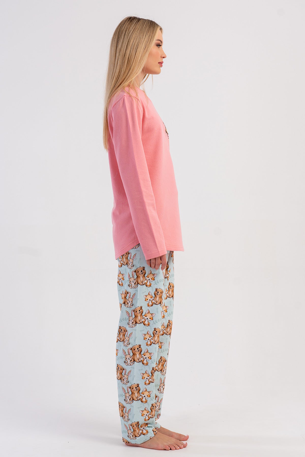 Pijama set pentru femei cu decolteu rotund, mânecă lungă, pantaloni cu tiv oval, cu două fire - roz