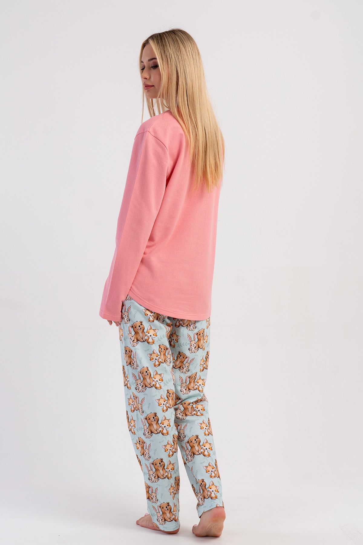 Pijama set pentru femei cu decolteu rotund, mânecă lungă, pantaloni cu tiv oval, cu două fire - roz