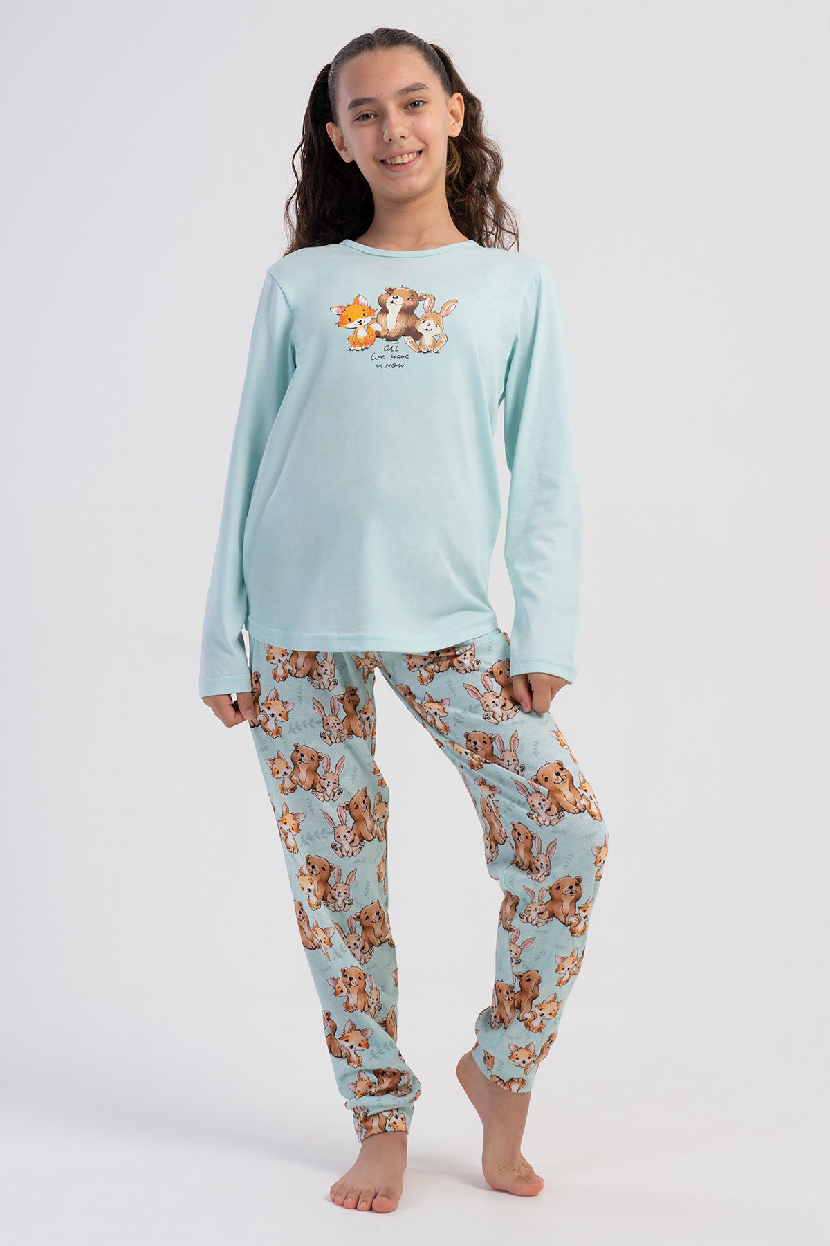 SET PIJAMA FETE CU GÂT ROTUND, MÂNECĂ LUNGĂ, TIV OVAL ȘI MANȘETE (7-8/13-14) - VERDE ÎNCHIS