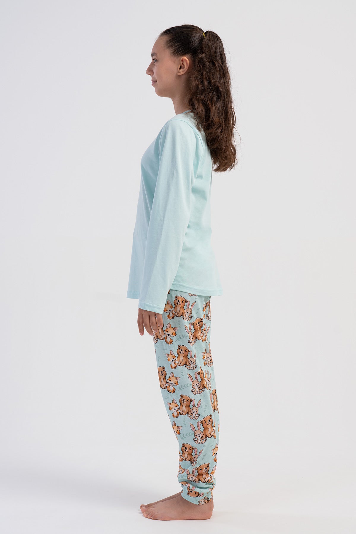 SET PIJAMA FETE CU GÂT ROTUND, MÂNECĂ LUNGĂ, TIV OVAL ȘI MANȘETE (7-8/13-14) - VERDE ÎNCHIS