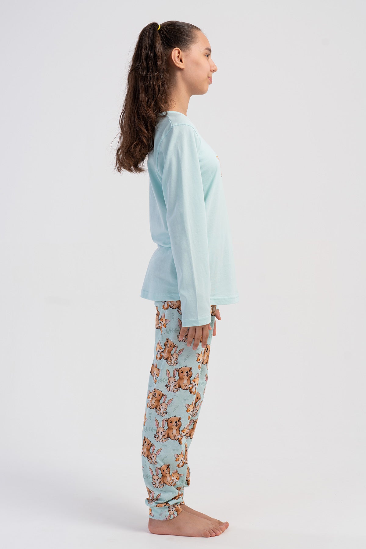 SET PIJAMA FETE CU GÂT ROTUND, MÂNECĂ LUNGĂ, TIV OVAL ȘI MANȘETE (7-8/13-14) - VERDE ÎNCHIS