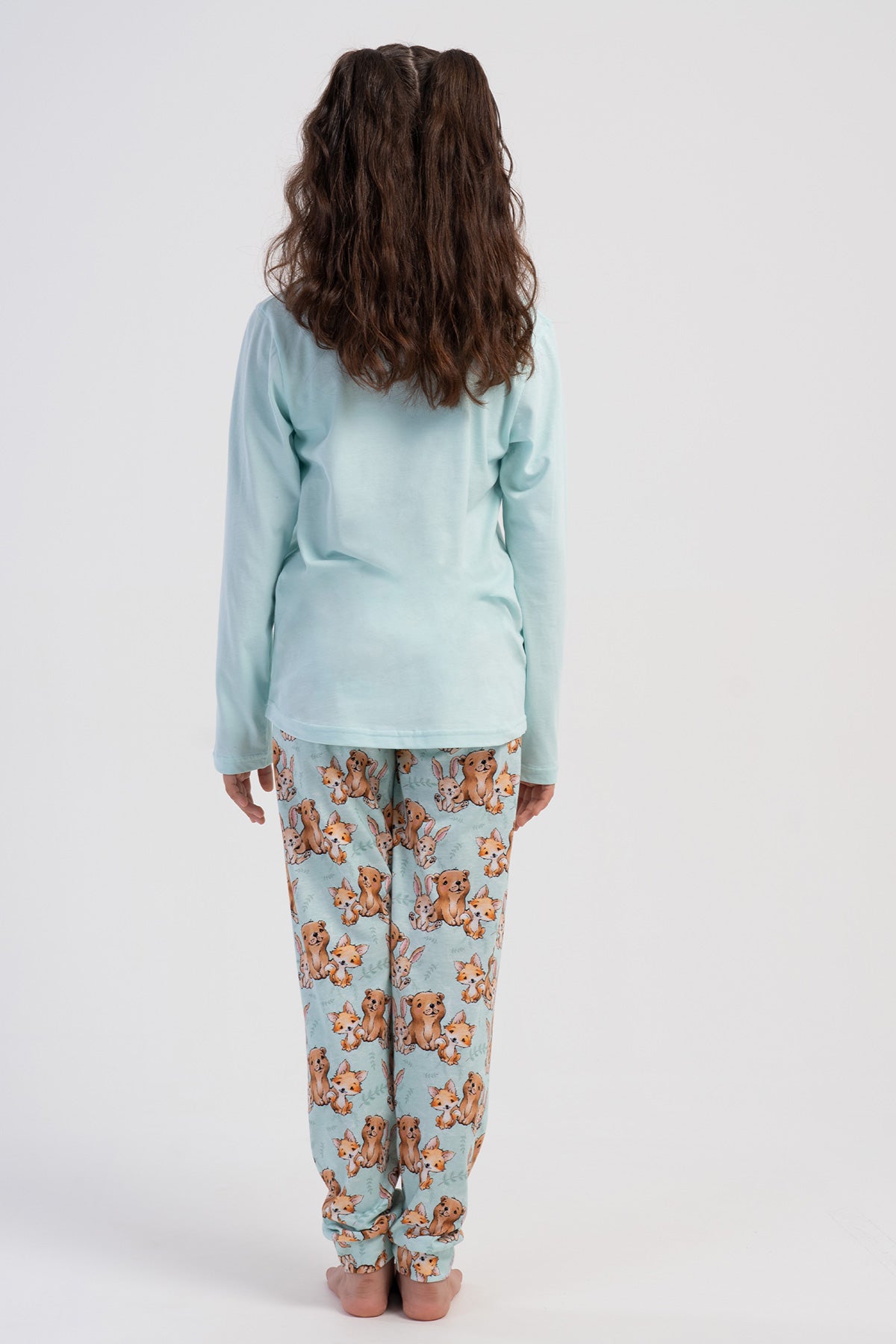 SET PIJAMA FETE CU GÂT ROTUND, MÂNECĂ LUNGĂ, TIV OVAL ȘI MANȘETE (7-8/13-14) - VERDE ÎNCHIS