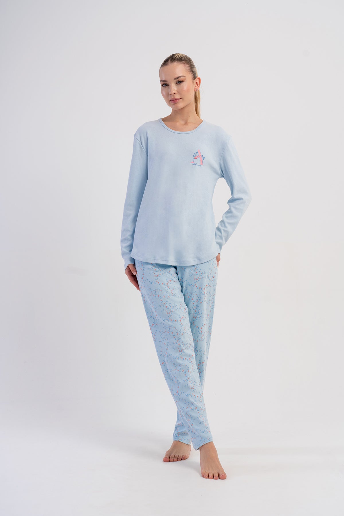 Pijama damă cu mânecă lungă, decolteu oval, tiv oval, cu interlok - ALBASTRU ÎNCHIS