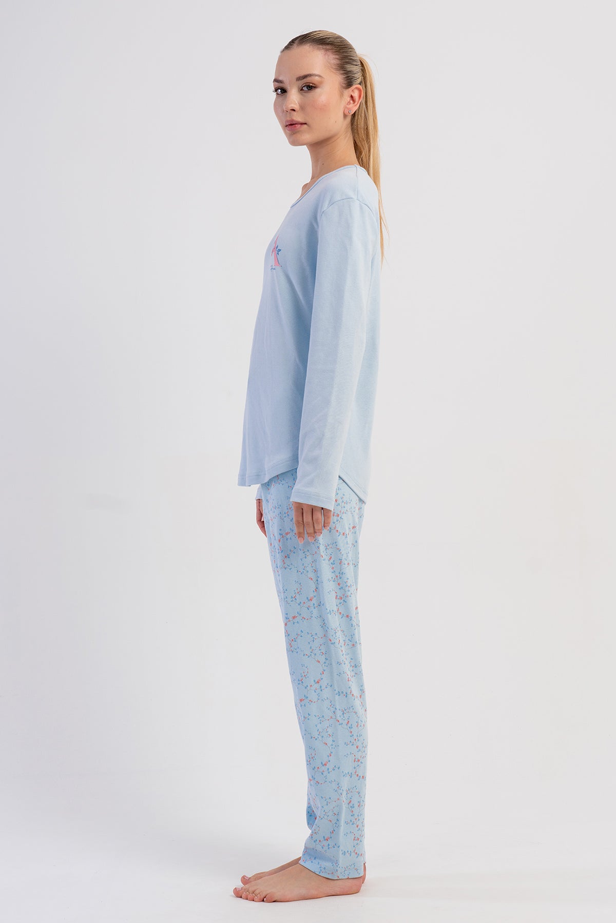 Pijama damă cu mânecă lungă, decolteu oval, tiv oval, cu interlok - ALBASTRU ÎNCHIS