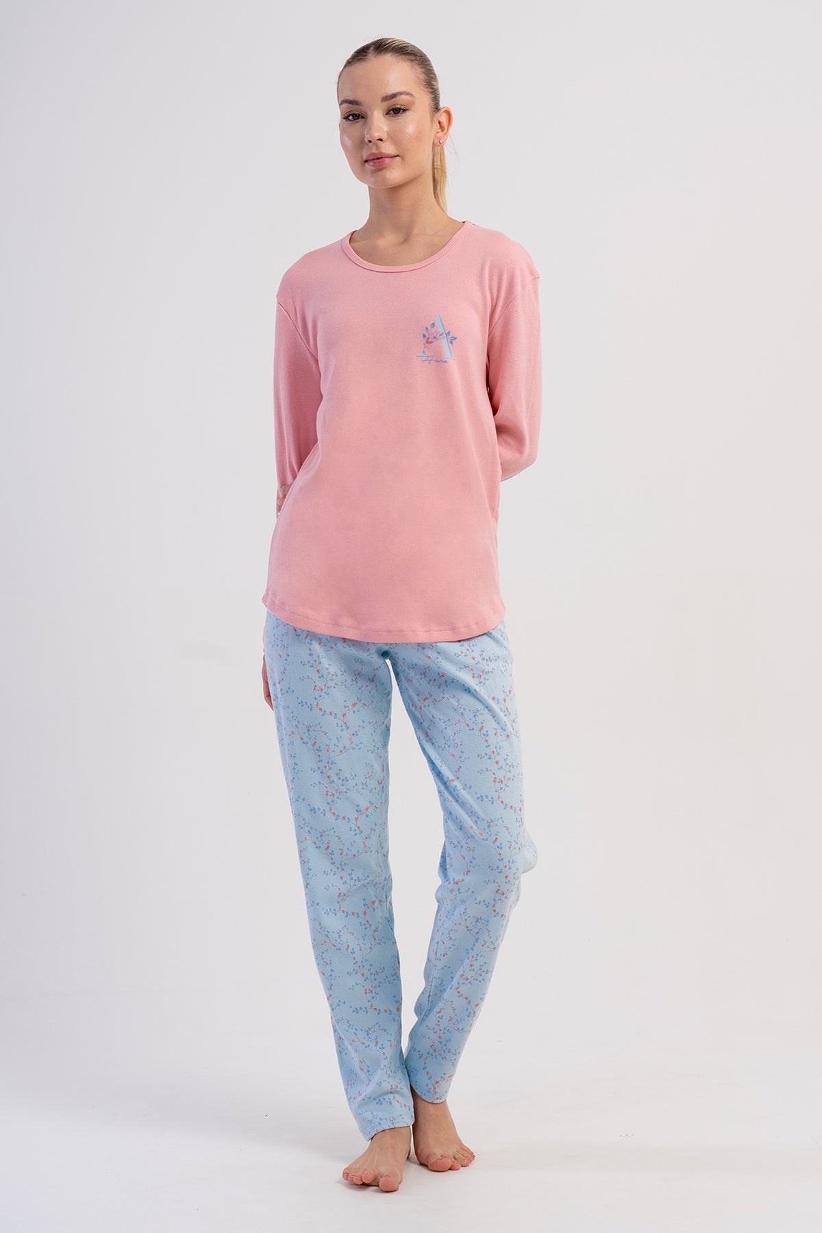 SET PIJAMA DE DAMĂ, CU GULER ROTUND ȘI MÂNECĂ LUNGĂ, CU TIV OVAL - ROZ DESCHIS
