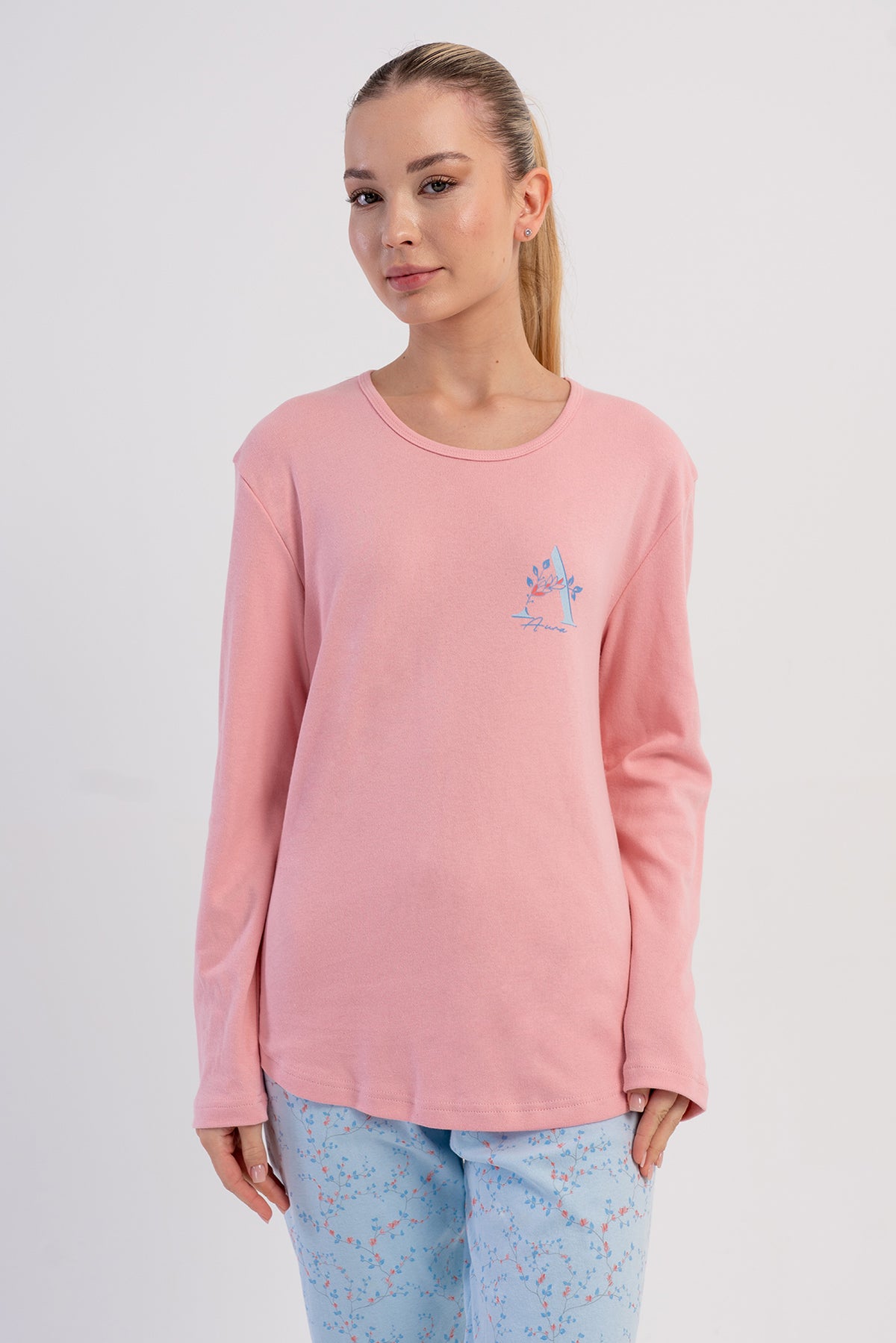 SET PIJAMA DE DAMĂ, CU GULER ROTUND ȘI MÂNECĂ LUNGĂ, CU TIV OVAL - ROZ DESCHIS