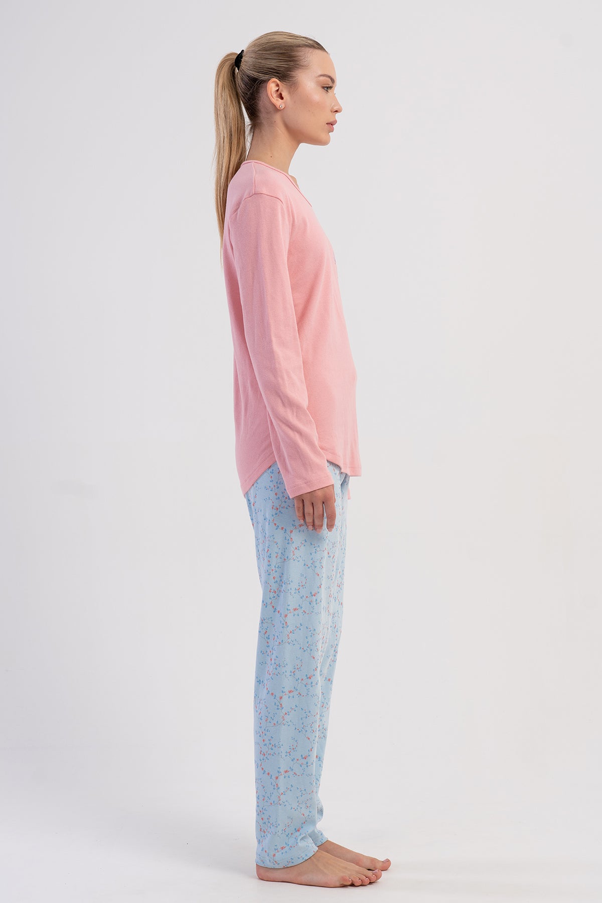 SET PIJAMA DE DAMĂ, CU GULER ROTUND ȘI MÂNECĂ LUNGĂ, CU TIV OVAL - ROZ DESCHIS